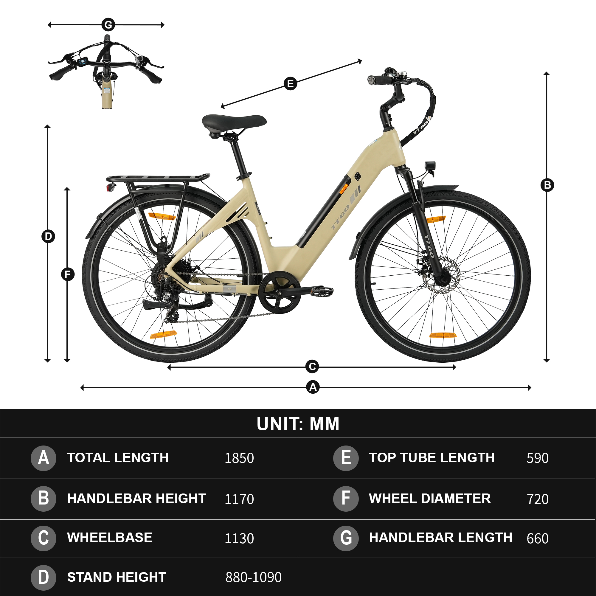 Una bicicleta eléctrica beige con dimensiones y etiquetas. Vista general.