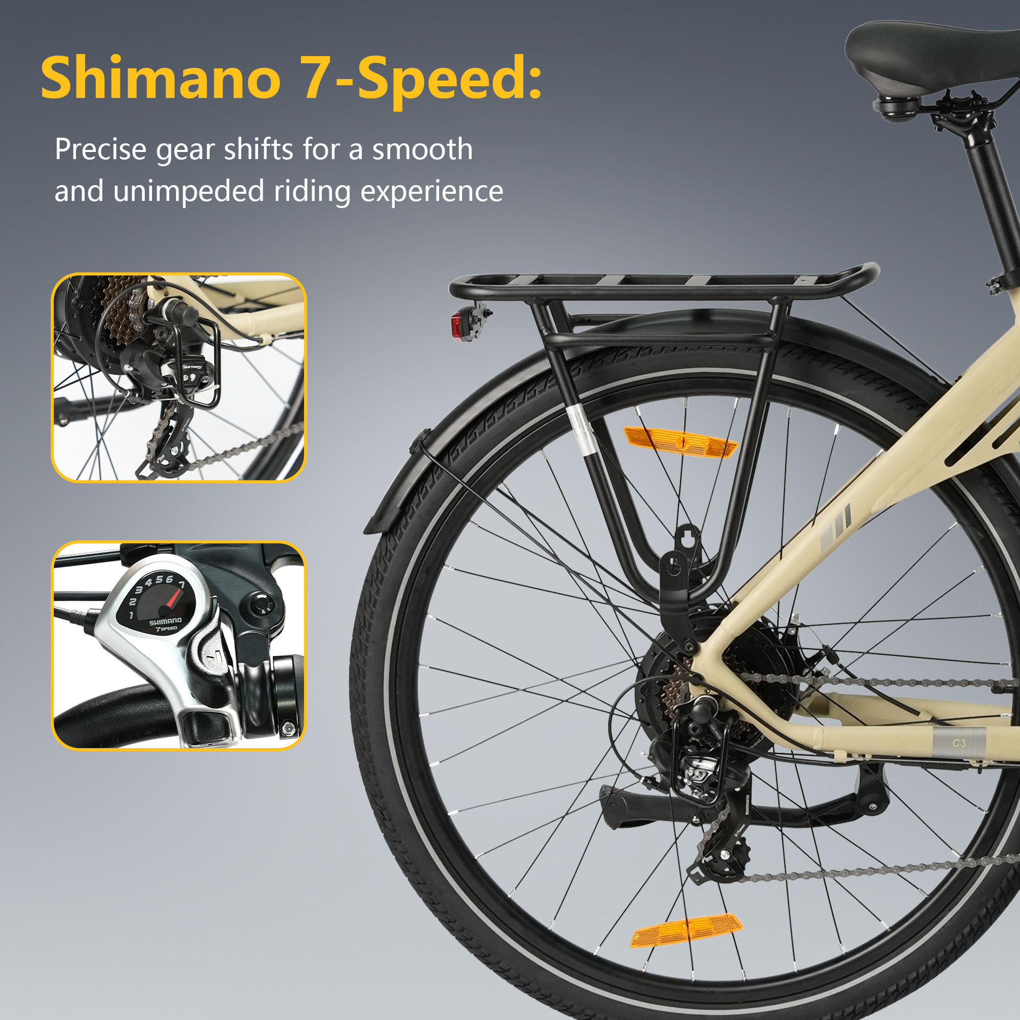 Primer plano del desviador y cambio Shimano de 7 velocidades de una bicicleta.