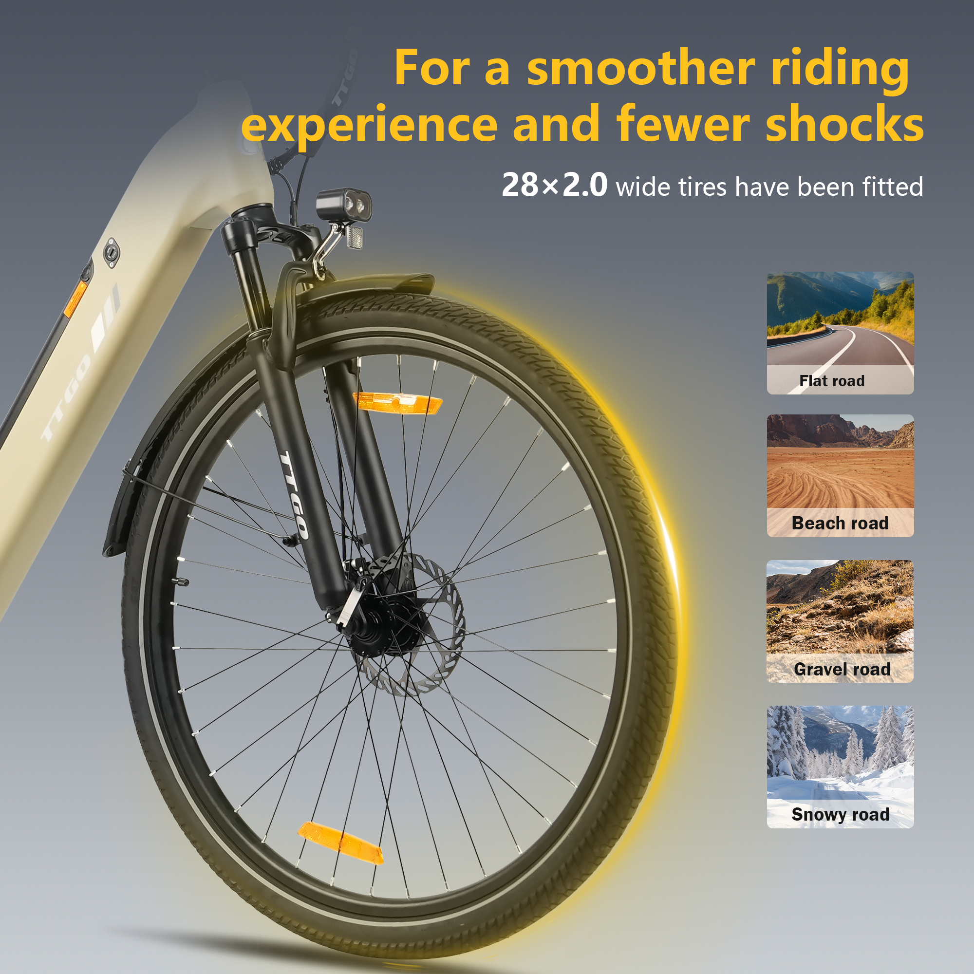 Una rueda delantera de e-bike TTGO beige con neumáticos 28x2,0, freno de disco y faro.