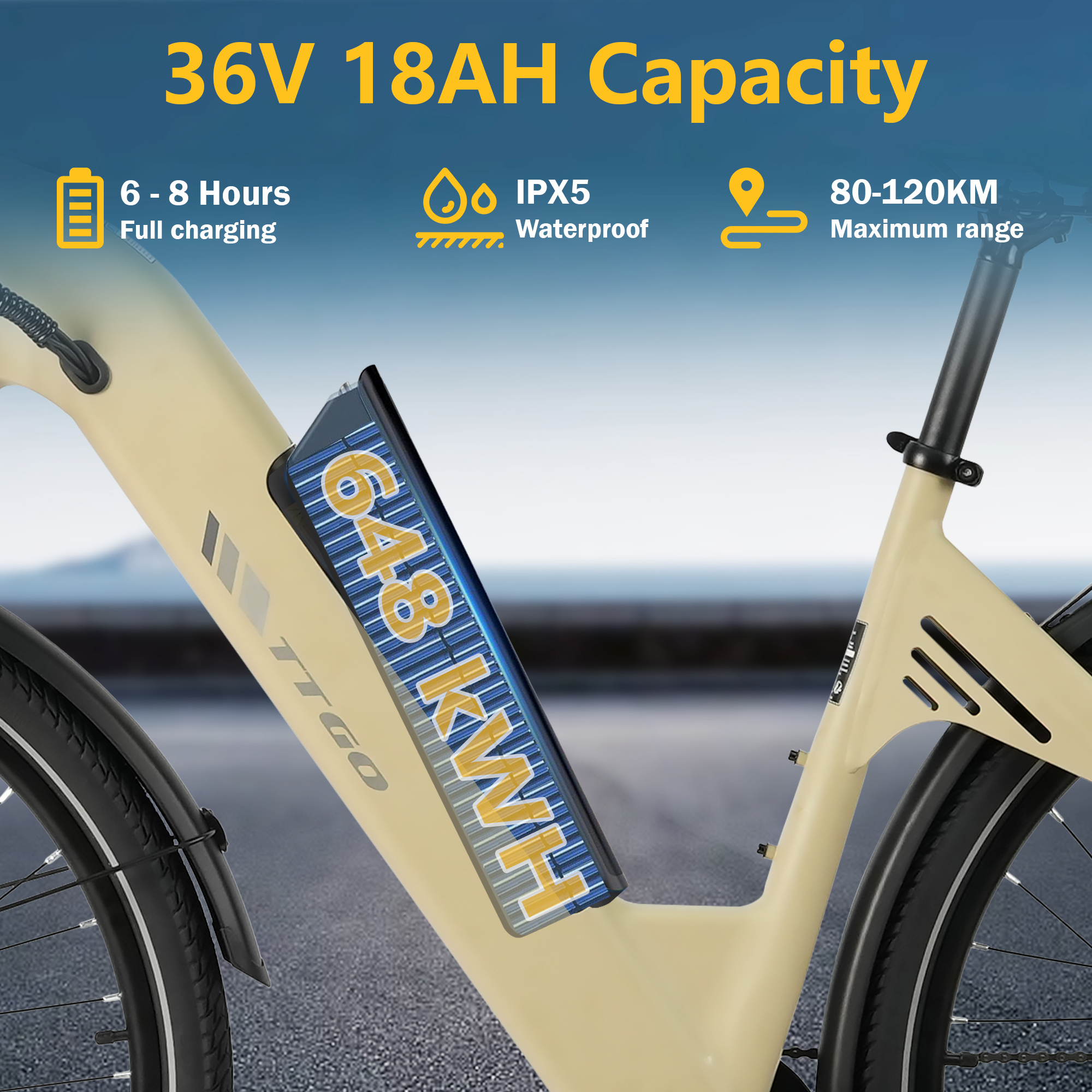 Bicicleta eléctrica beige con 36V 18AH, carga 6-8h, impermeable IPX5.