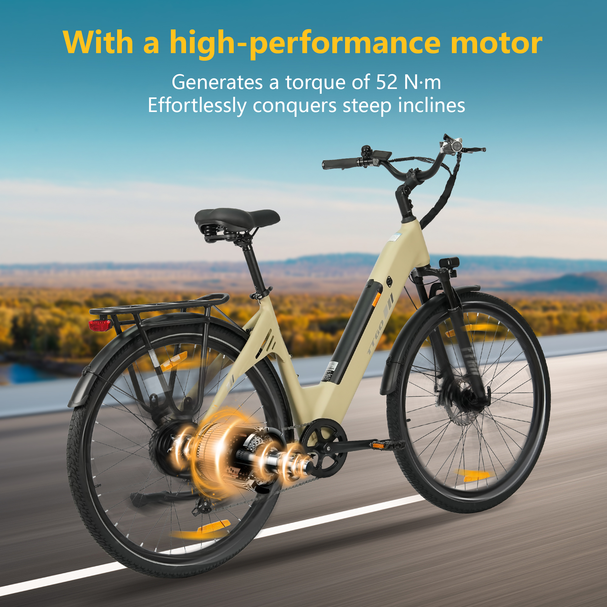 Una bicicleta eléctrica beige con motor visible en la rueda trasera circula por una carretera.