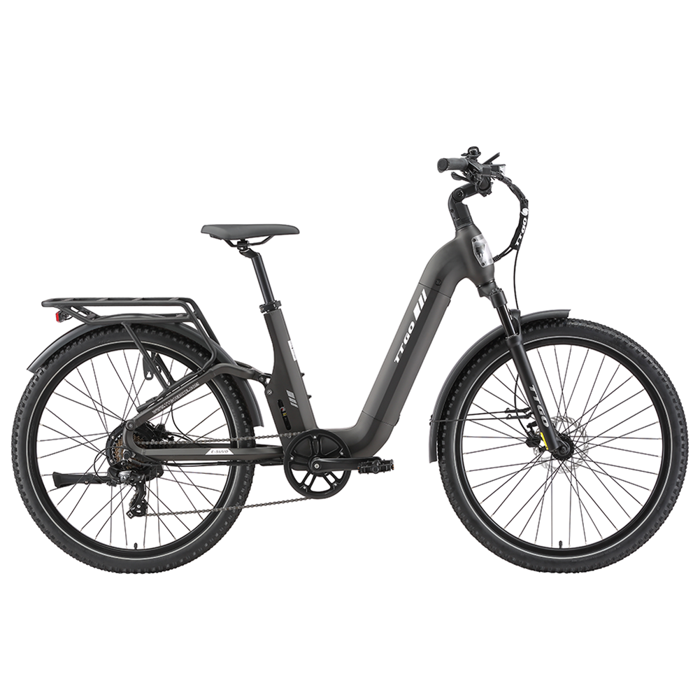 Bicicleta eléctrica gris oscuro con portaequipajes, neumáticos anchos y suspensión.