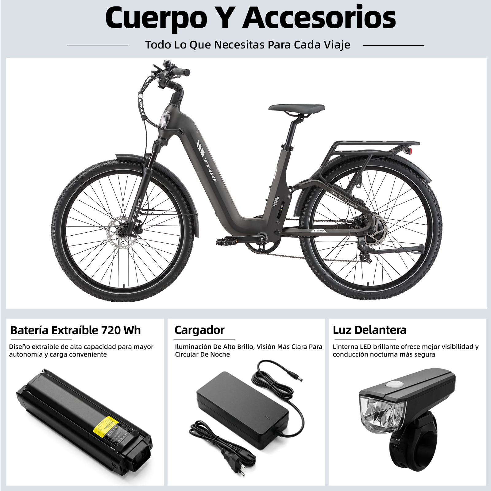 Bicicleta eléctrica gris con batería extraíble, cargador y luz.