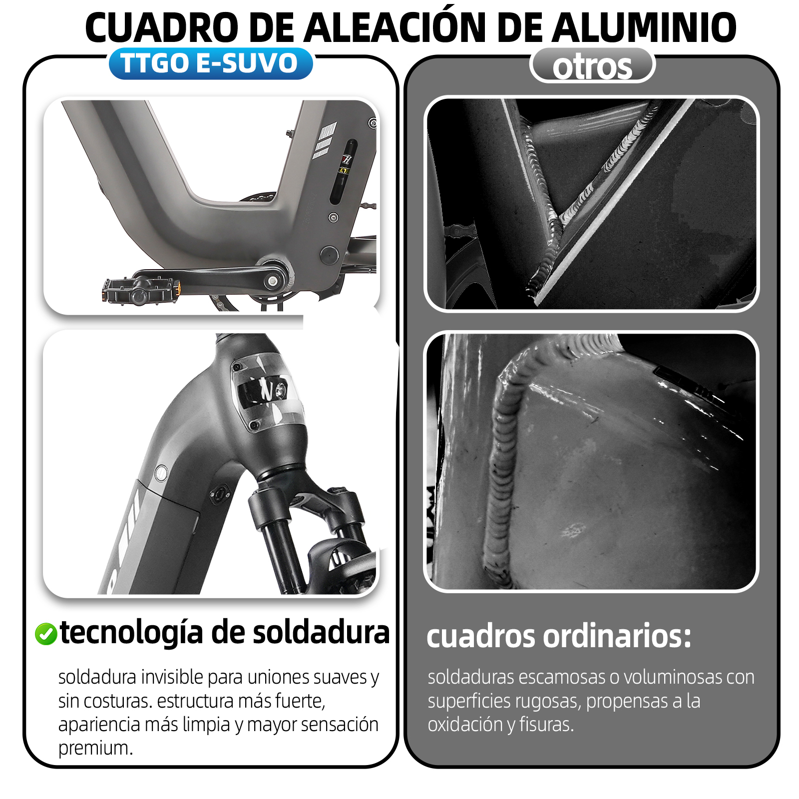 Cuadro de bici de aleación de aluminio con soldadura invisible vs soldaduras normales.