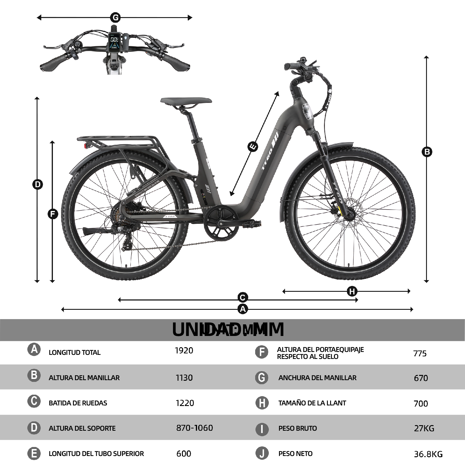 Bicicleta eléctrica gris con dimensiones y especificaciones, las medidas están etiquetadas.