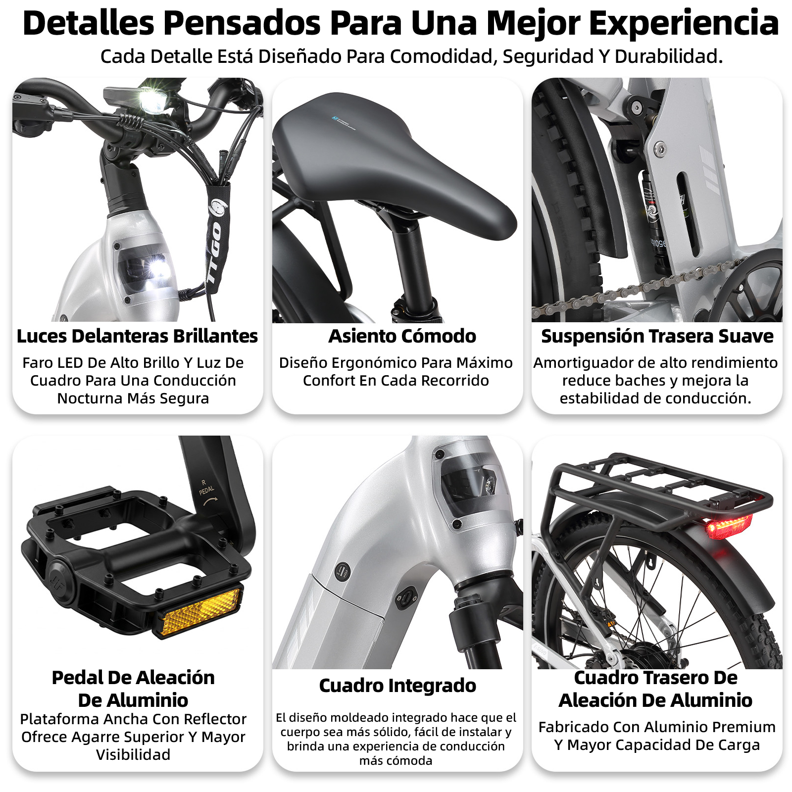 Seis vistas detalladas de una bicicleta eléctrica plateada con descripciones.