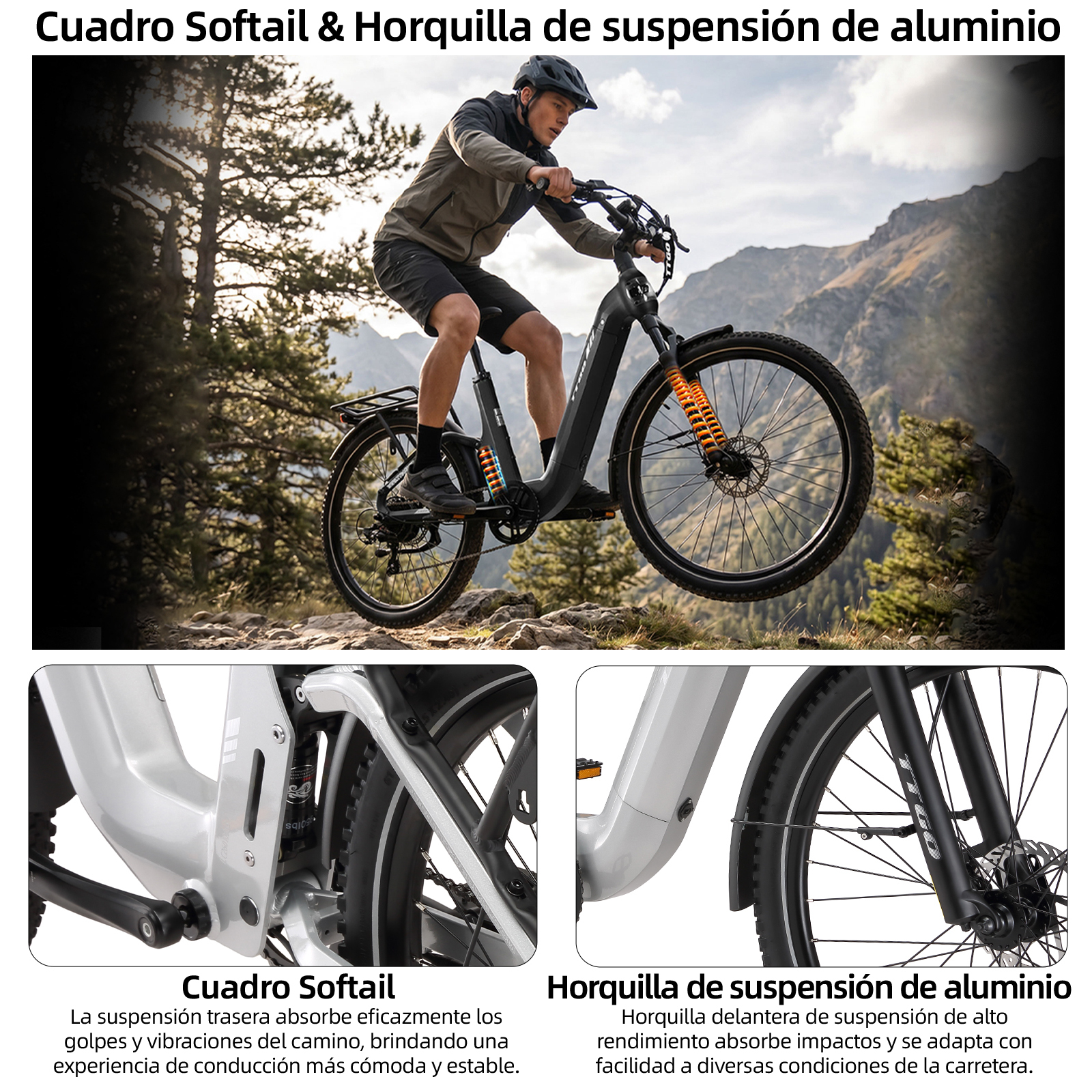 Hombre monta bicicleta eléctrica con marco de aluminio y horquilla de suspensión.