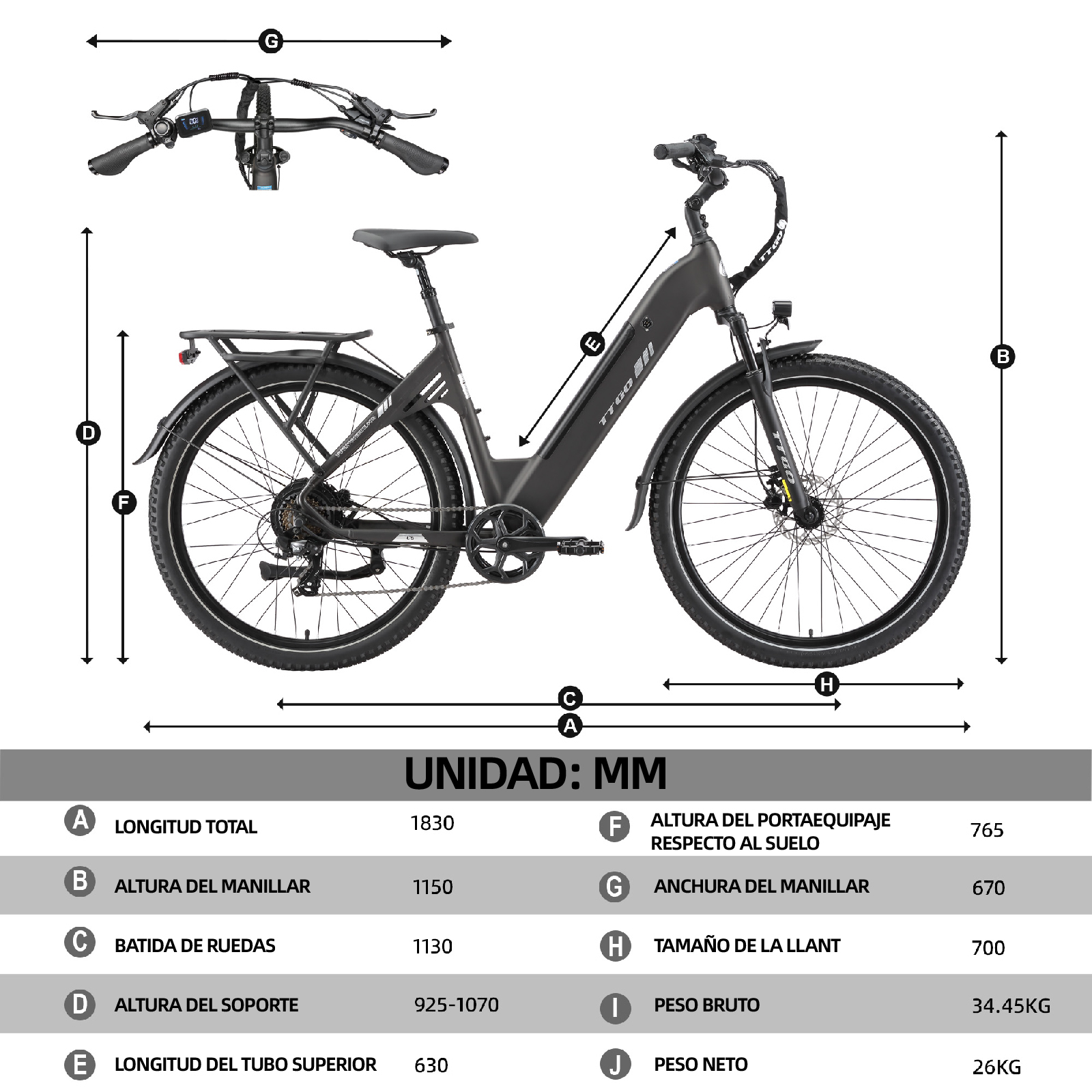 Un dibujo de bicicleta eléctrica oscura con medidas de largo, alto, ancho y peso.