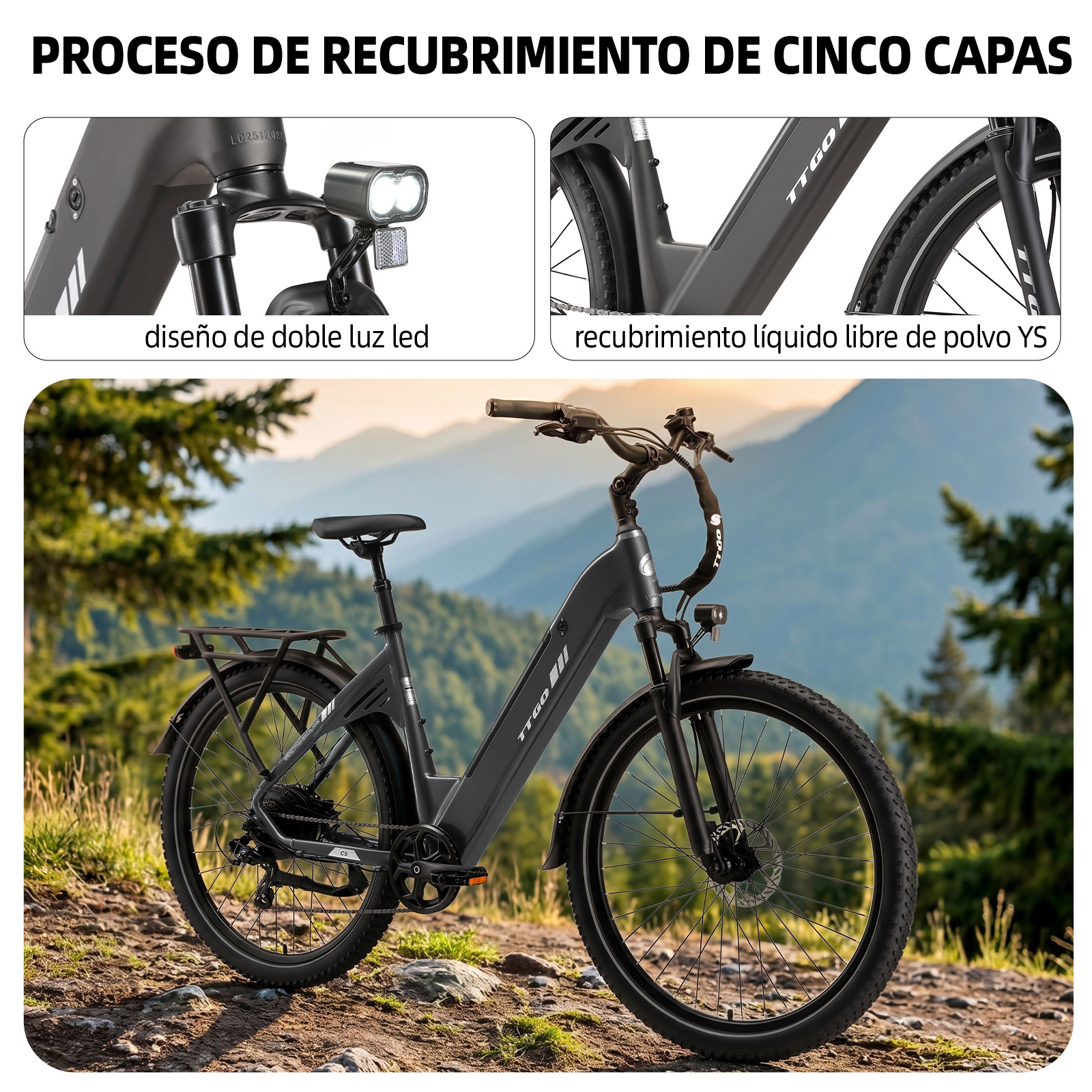Una bicicleta eléctrica gris está aparcada en un camino rocoso con árboles al fondo.