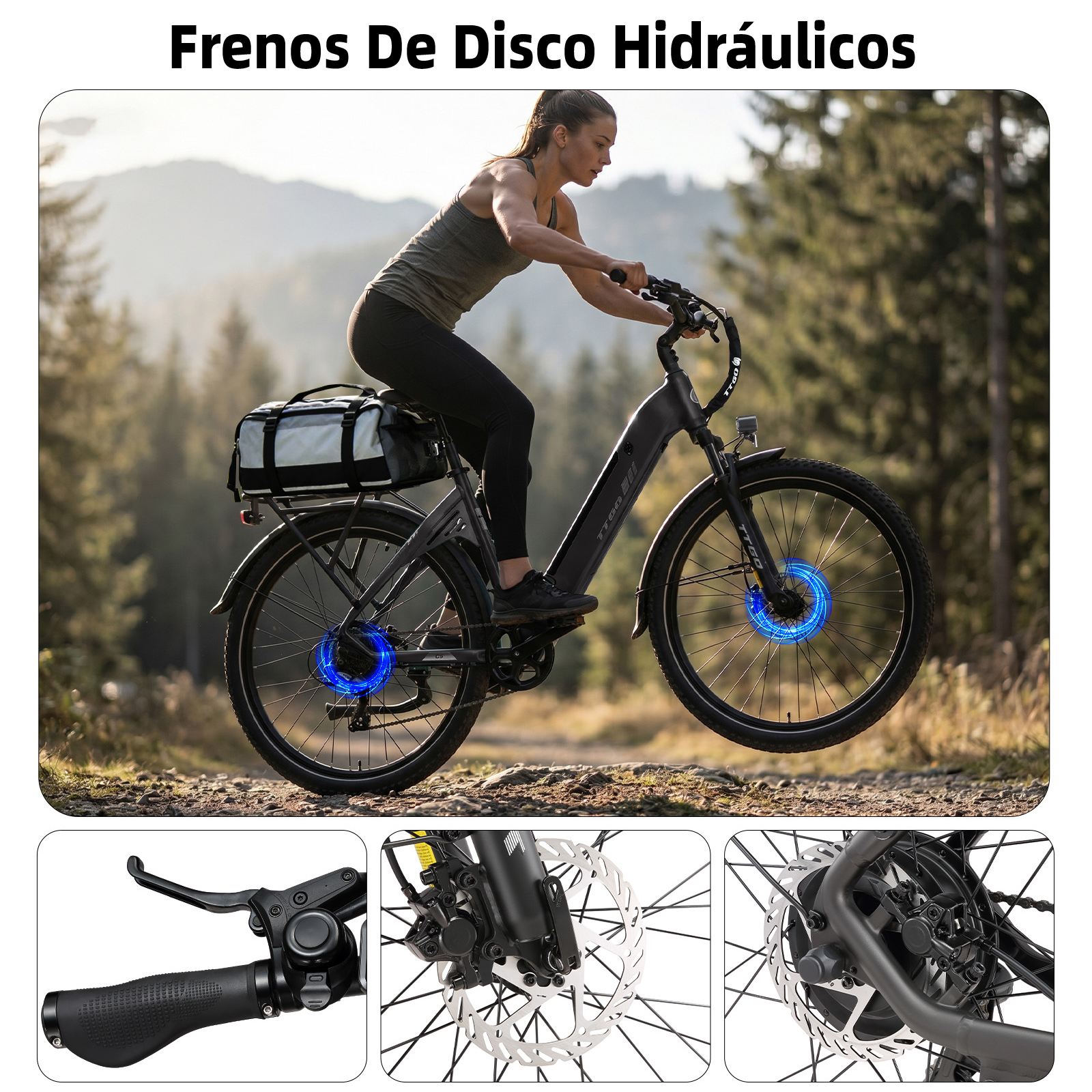 Una mujer monta una e-bike con luces azules en las ruedas en un bosque.