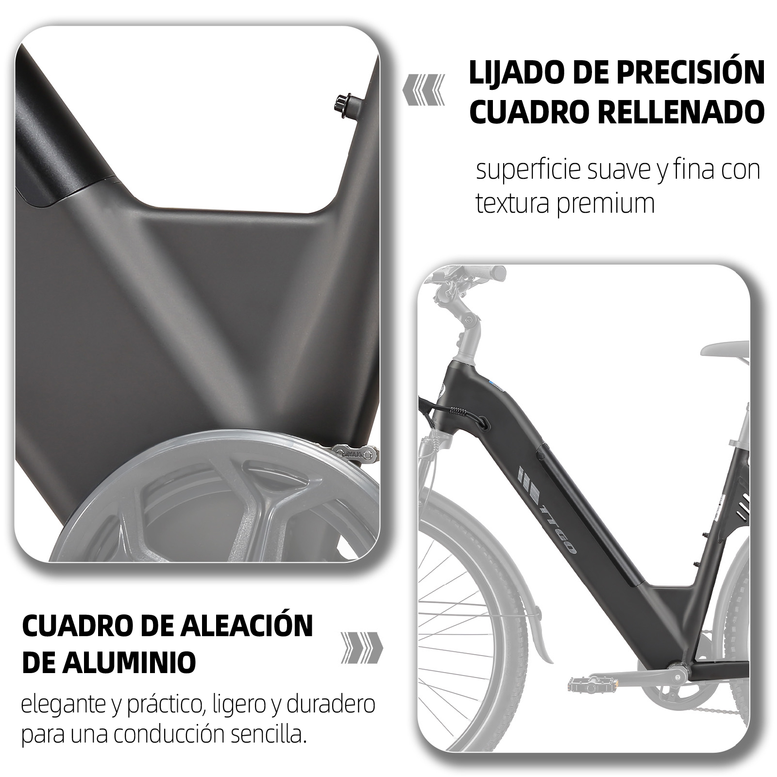 Un cuadro de bicicleta negro con acabado de precisión y aleación de aluminio.