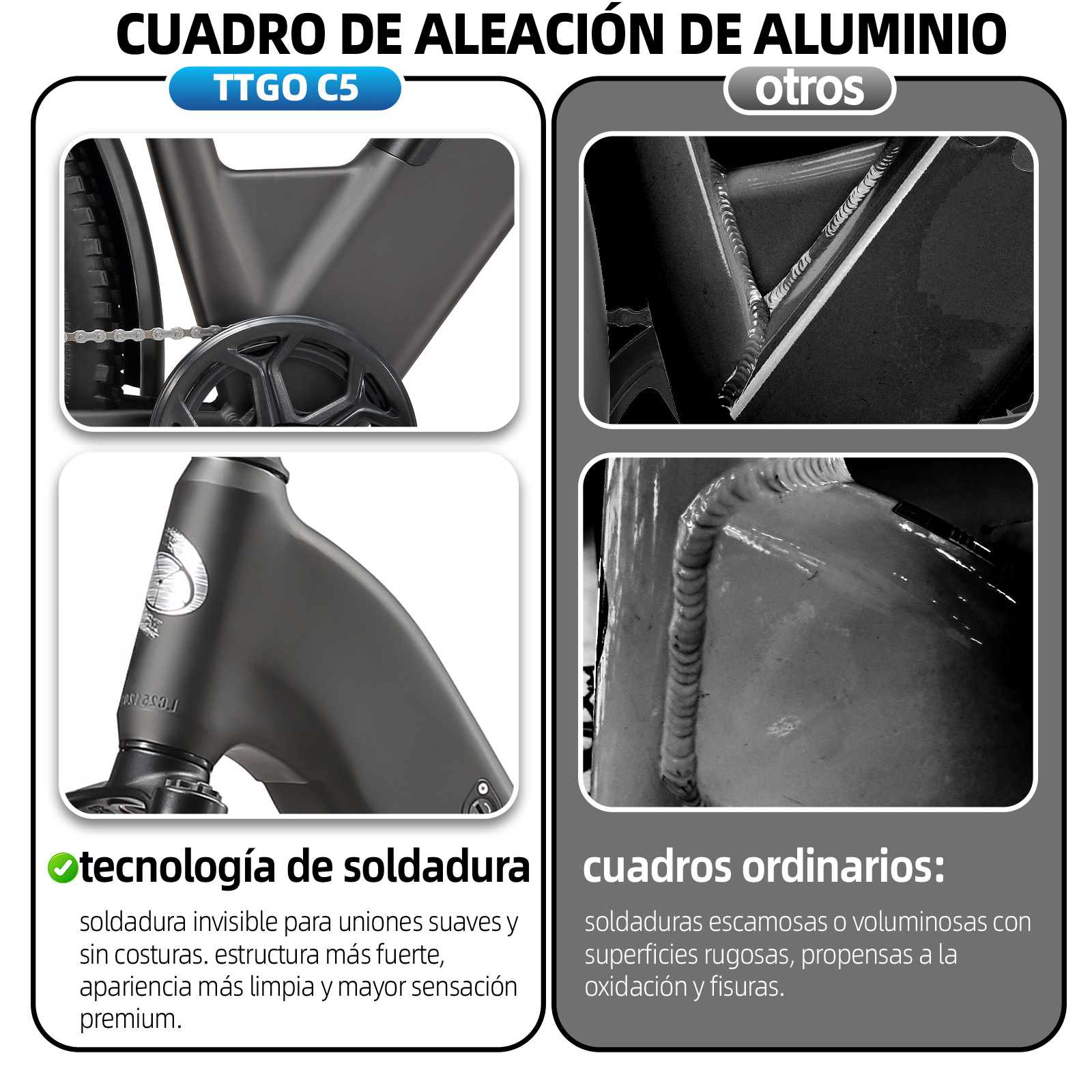 Marco de aleación de aluminio: TTGO C5 con soldaduras invisibles vs. ordinarias con soldaduras rugosas.