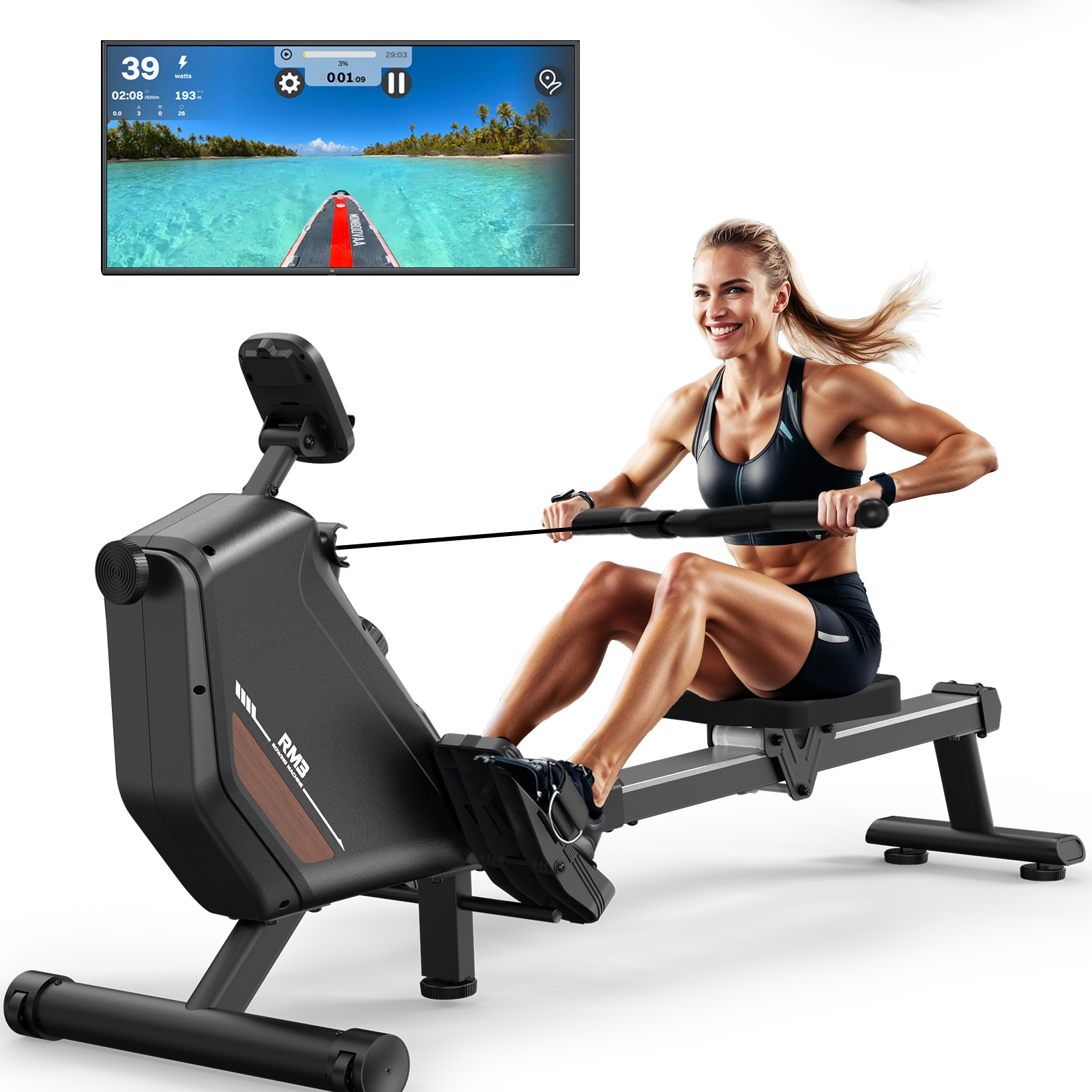 Frau rudert auf einem Heimtrainer mit tropischem Bildschirm.