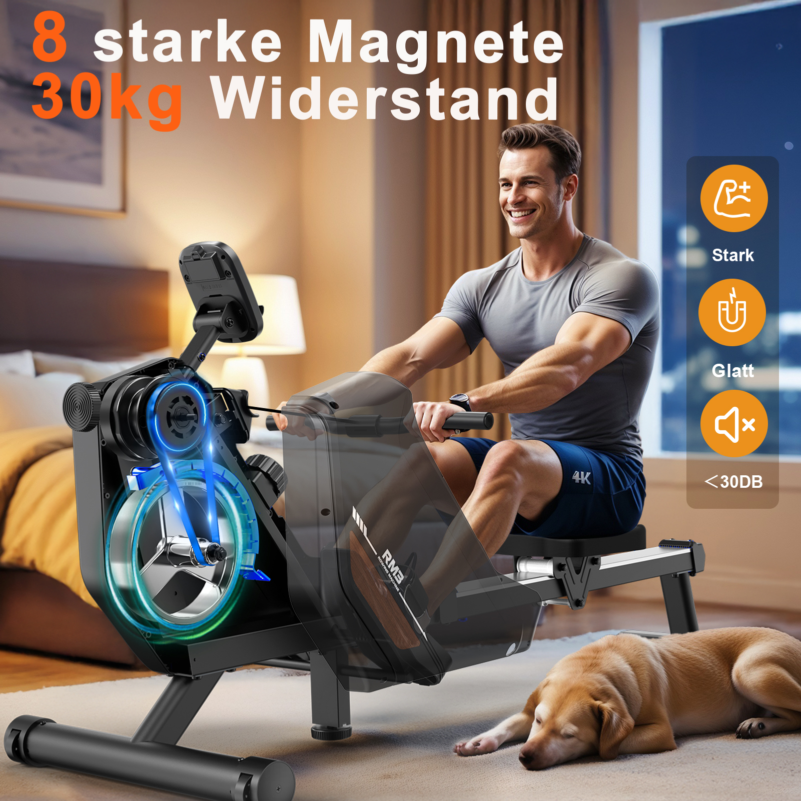 Mann rudert auf einem Heimtrainer, Hund schläft daneben.