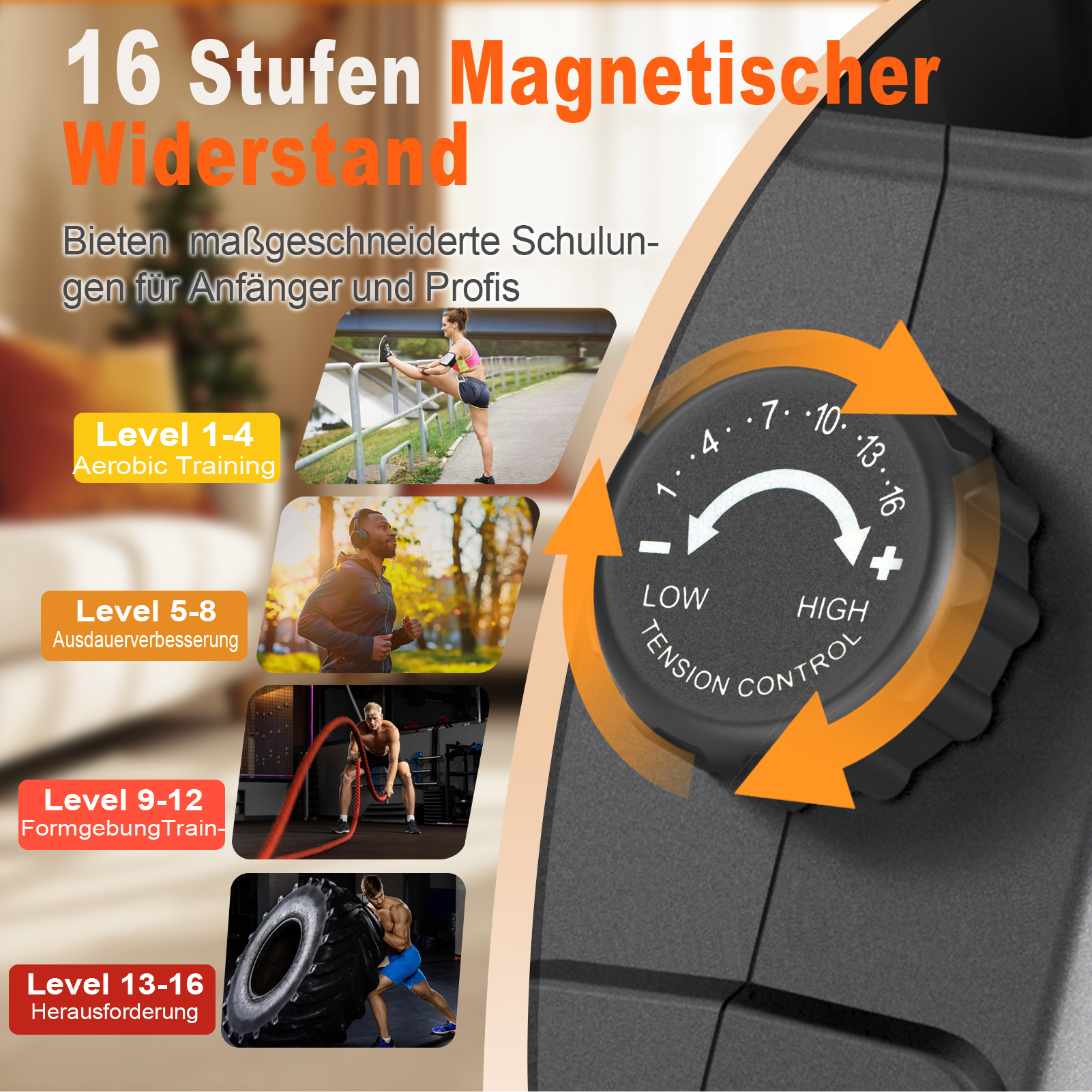 16 Widerstandsstufen für Training, mit Bildern von Aerobic, Laufen, Seilspringen, Reifenheben.