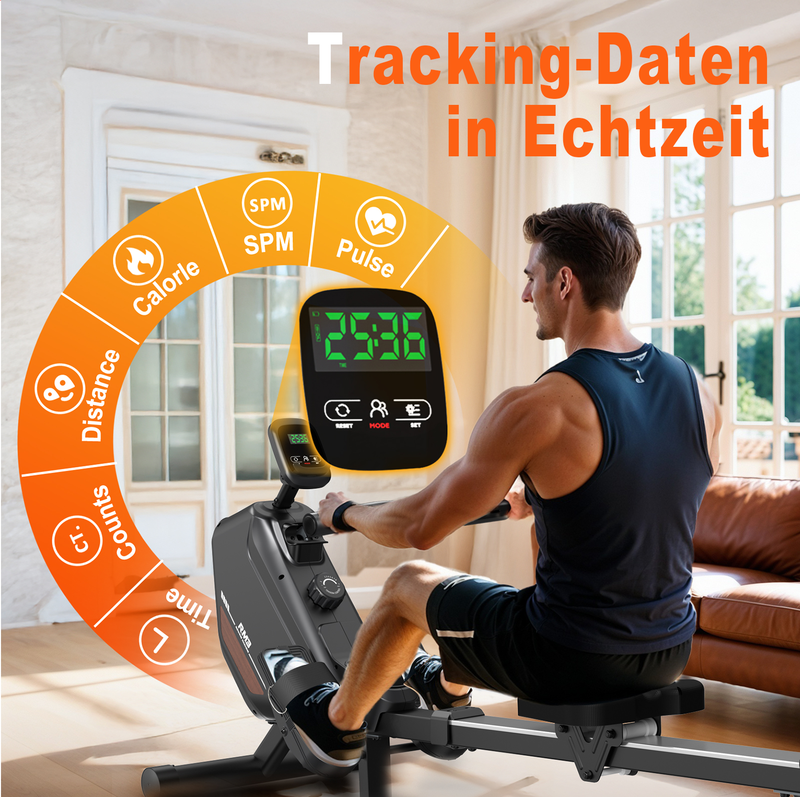Mann auf Rudergerät mit Anzeige von Kalorien, SPM, Puls, Zeit, Distanz.