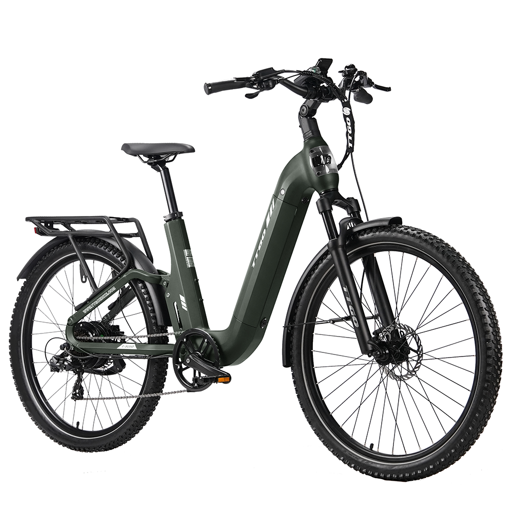 Bicicleta eléctrica verde oscuro con portaequipajes y neumáticos anchos.
