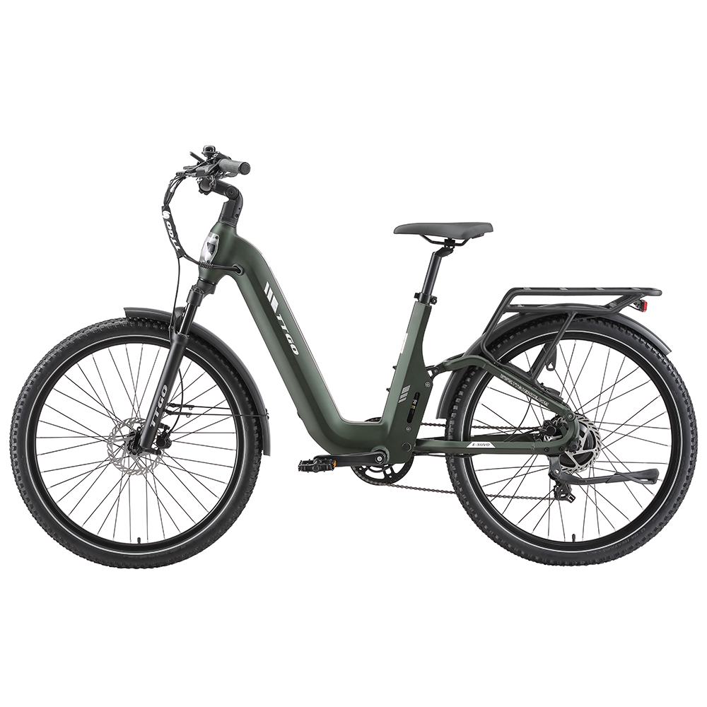 Bicicleta eléctrica verde oscuro con portaequipajes y neumáticos anchos.