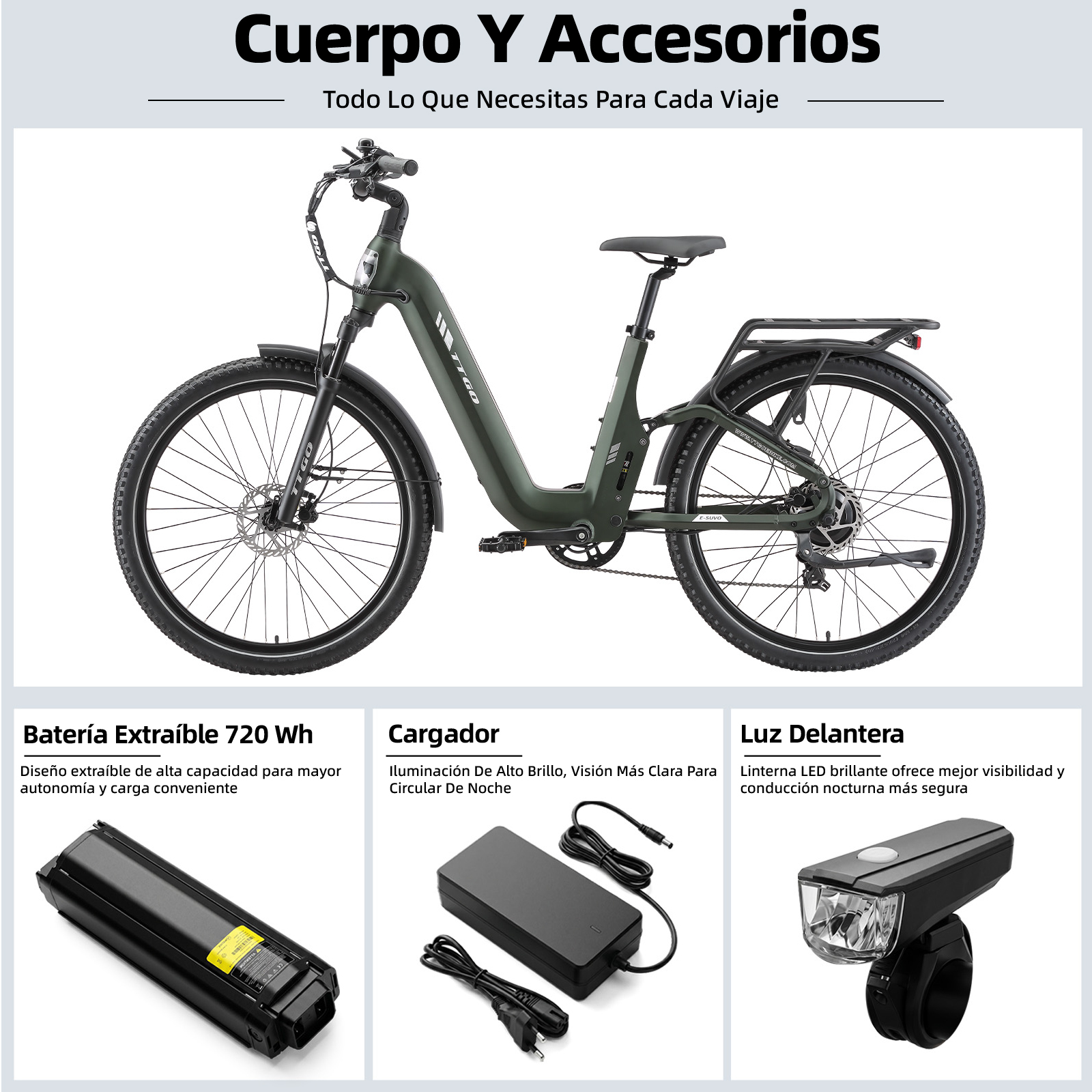 Bicicleta eléctrica verde con batería extraíble, cargador y luz.