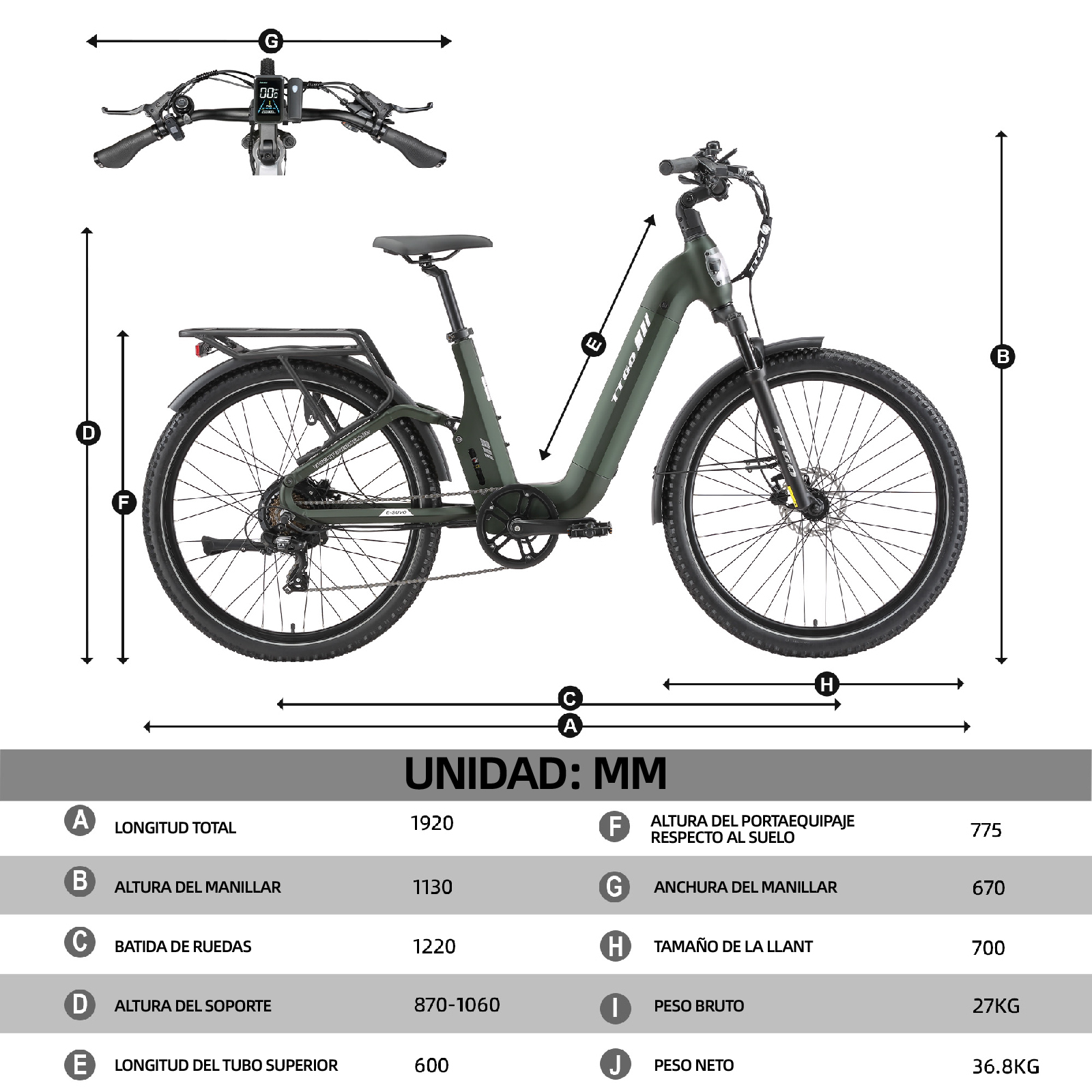 Bicicleta eléctrica verde con dimensiones y especificaciones.