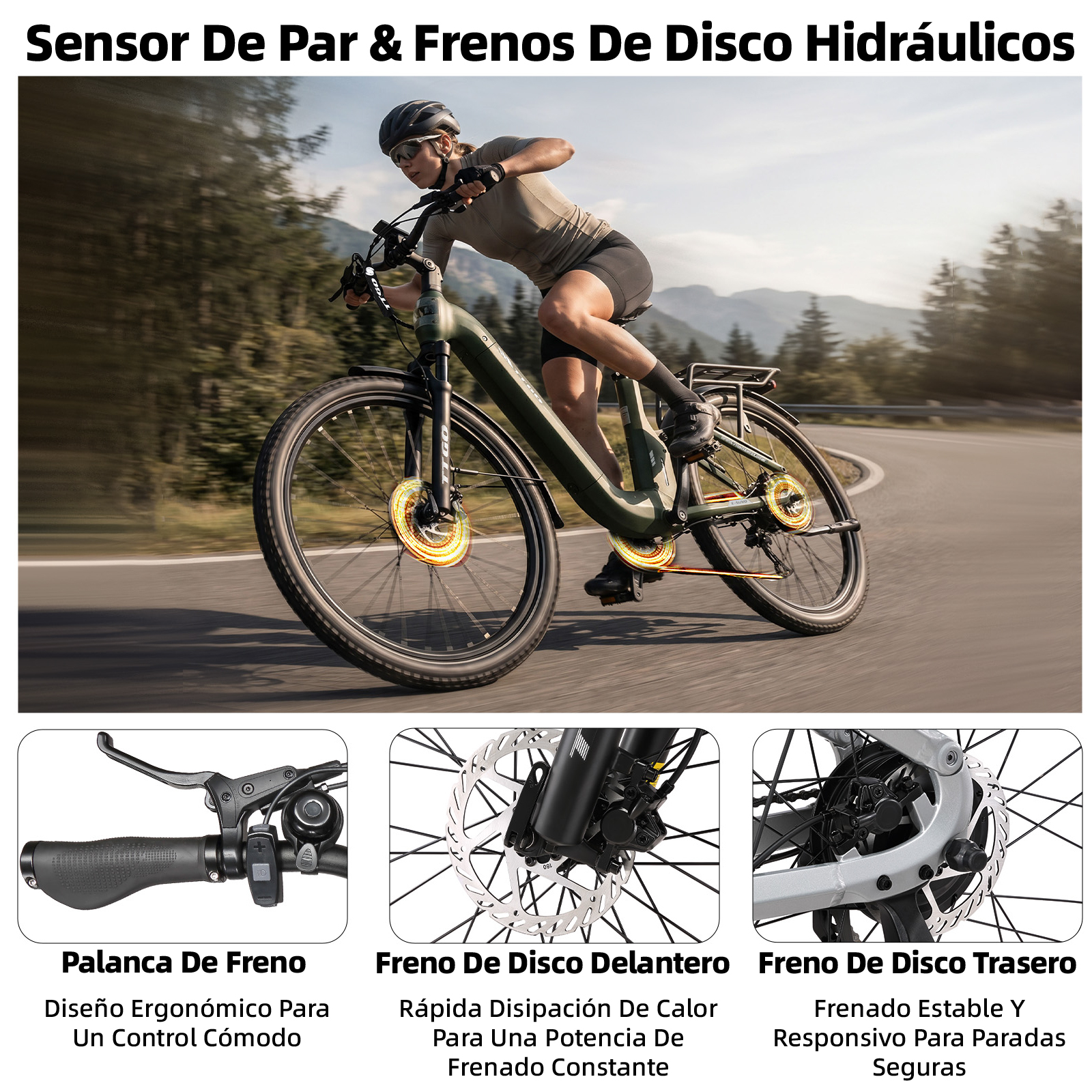 Ciclista en e-bike con frenos de disco en carretera de montaña.