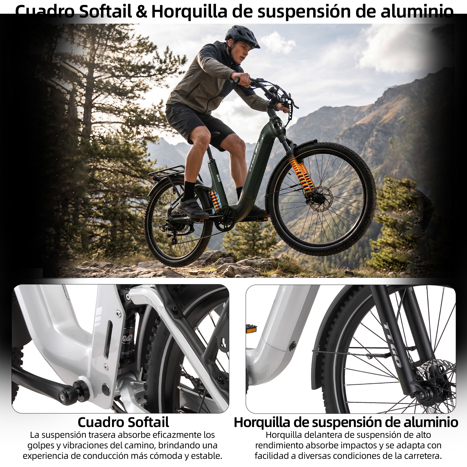 Hombre monta e-bike en paisaje montañoso. Primeros planos muestran cuadro y horquilla.