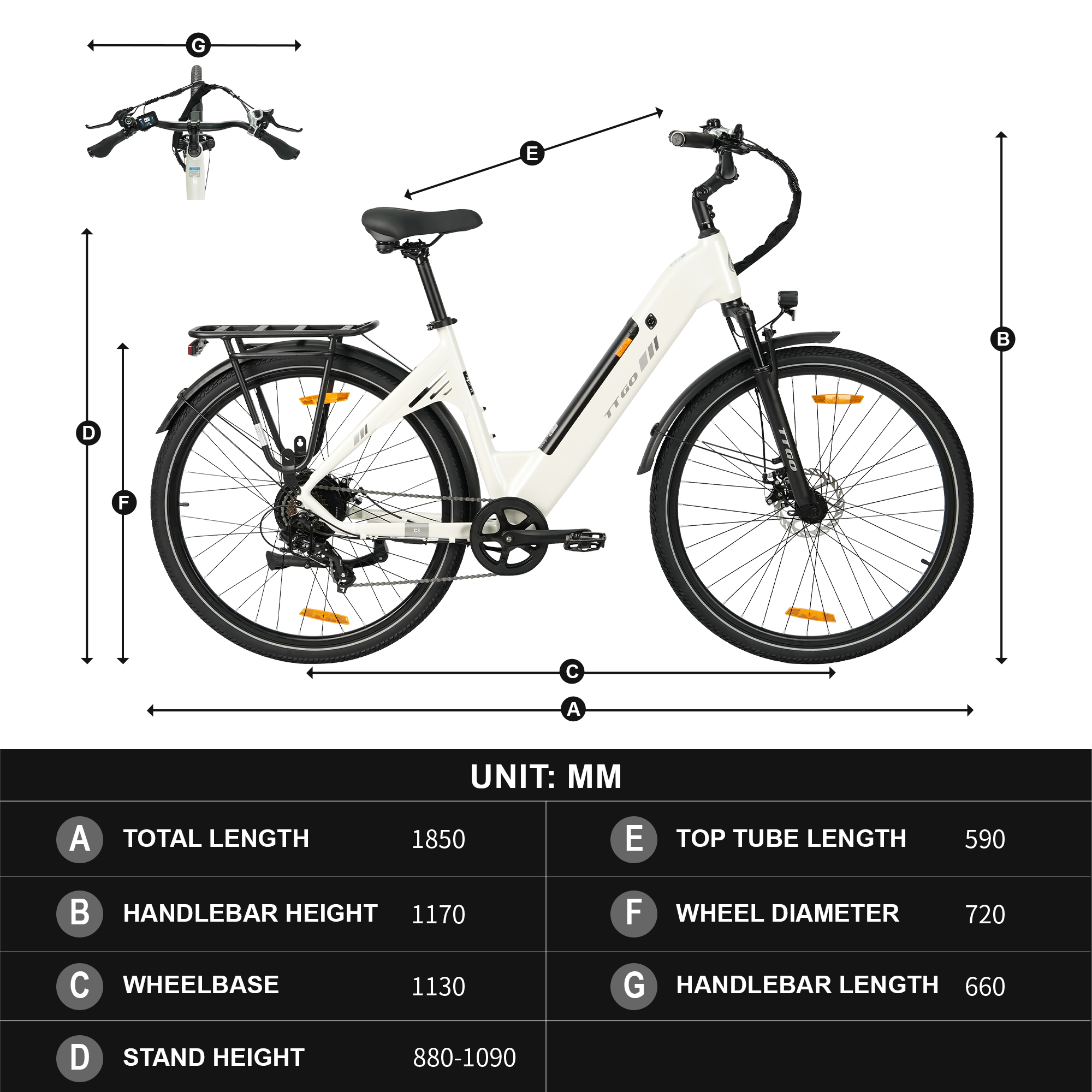 Bicicleta eléctrica blanca con medidas de largo, alto, distancia entre ejes y manillar.