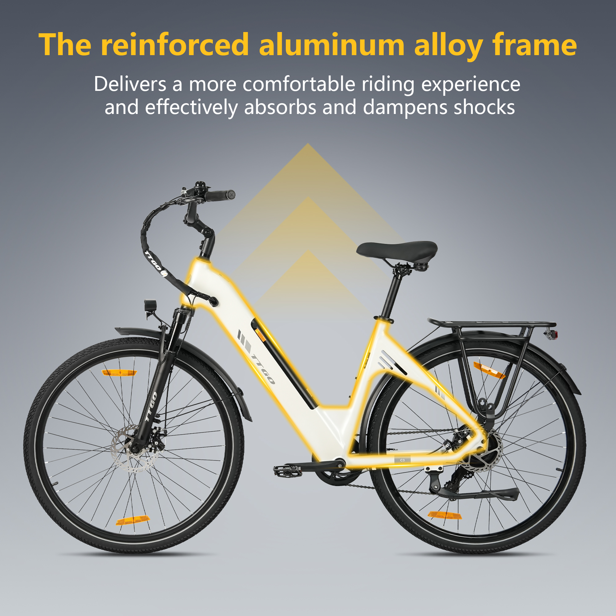 Una e-bike blanca con acentos amarillos y portaequipajes.