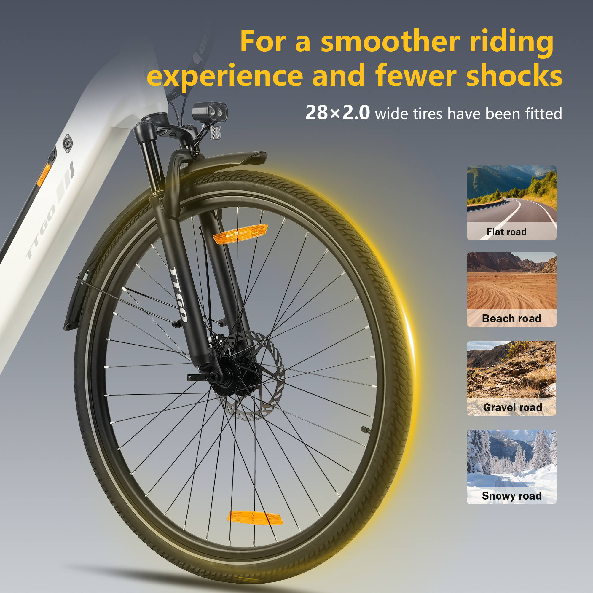 Primer plano de una rueda de bicicleta con texto e imágenes de varias carreteras.
