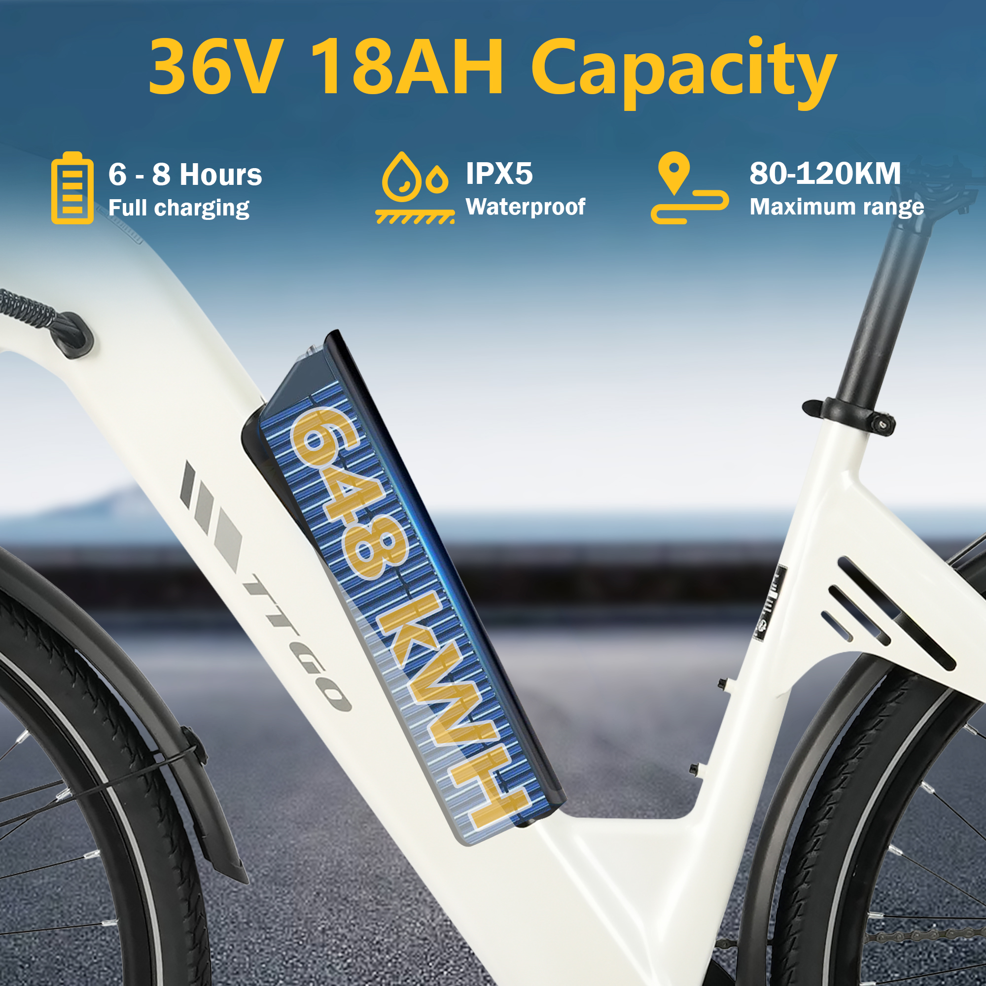 Una bicicleta eléctrica blanca con batería de 648 kWh, 36V, 18AH, IPX5 impermeable.