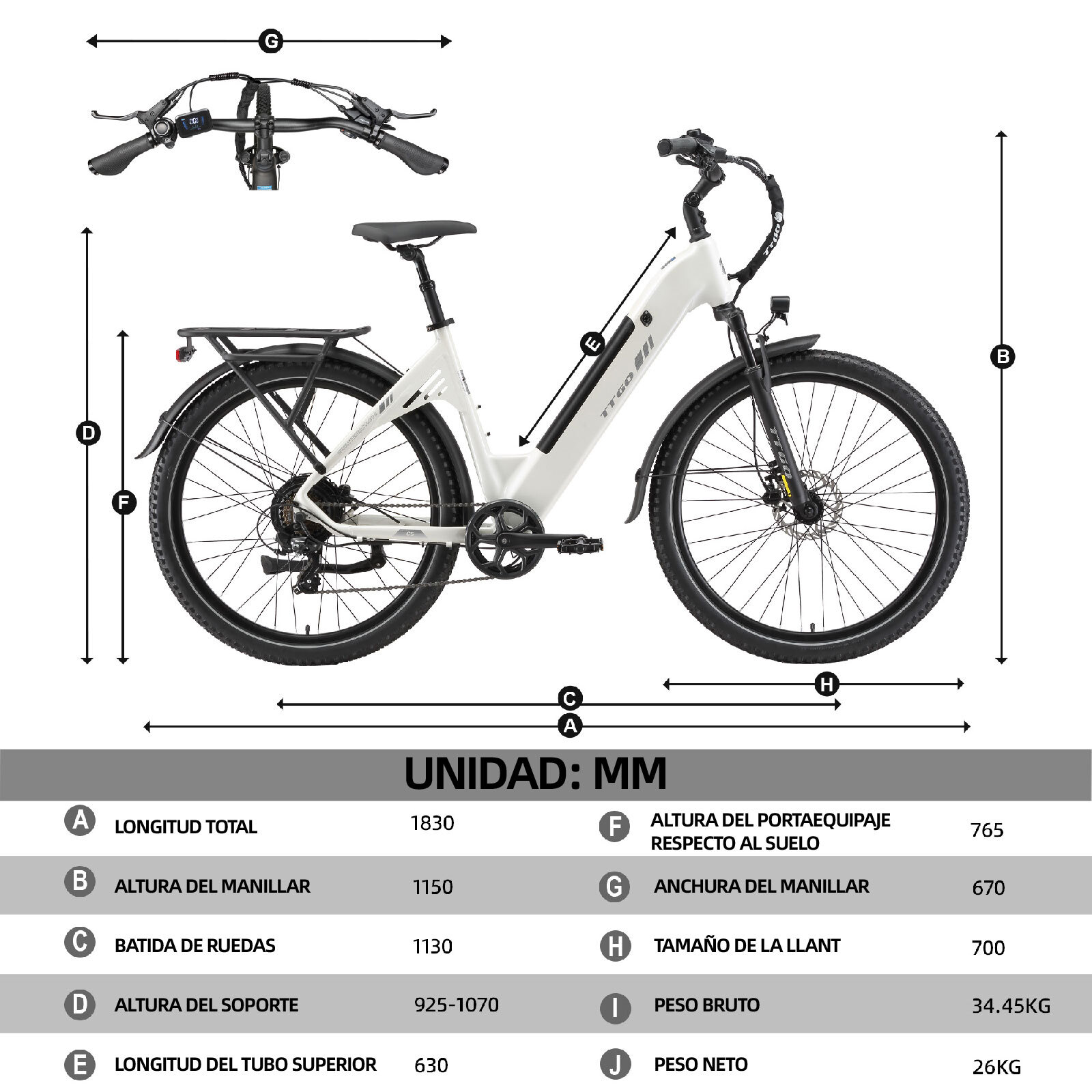 Una bicicleta eléctrica blanca con dimensiones y especificaciones en una tabla.