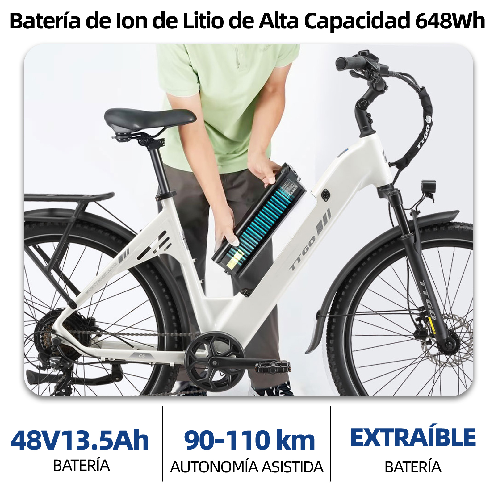 Hombre quita batería de e-bike blanca. Texto: 48V13.5Ah, 90-110 km.