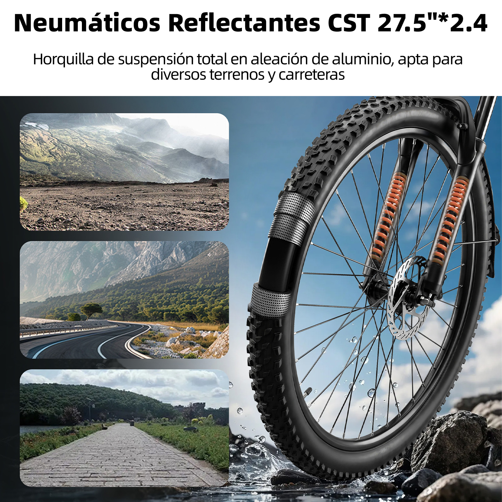 Neumático de bici reflectante, horquilla de suspensión, imágenes.