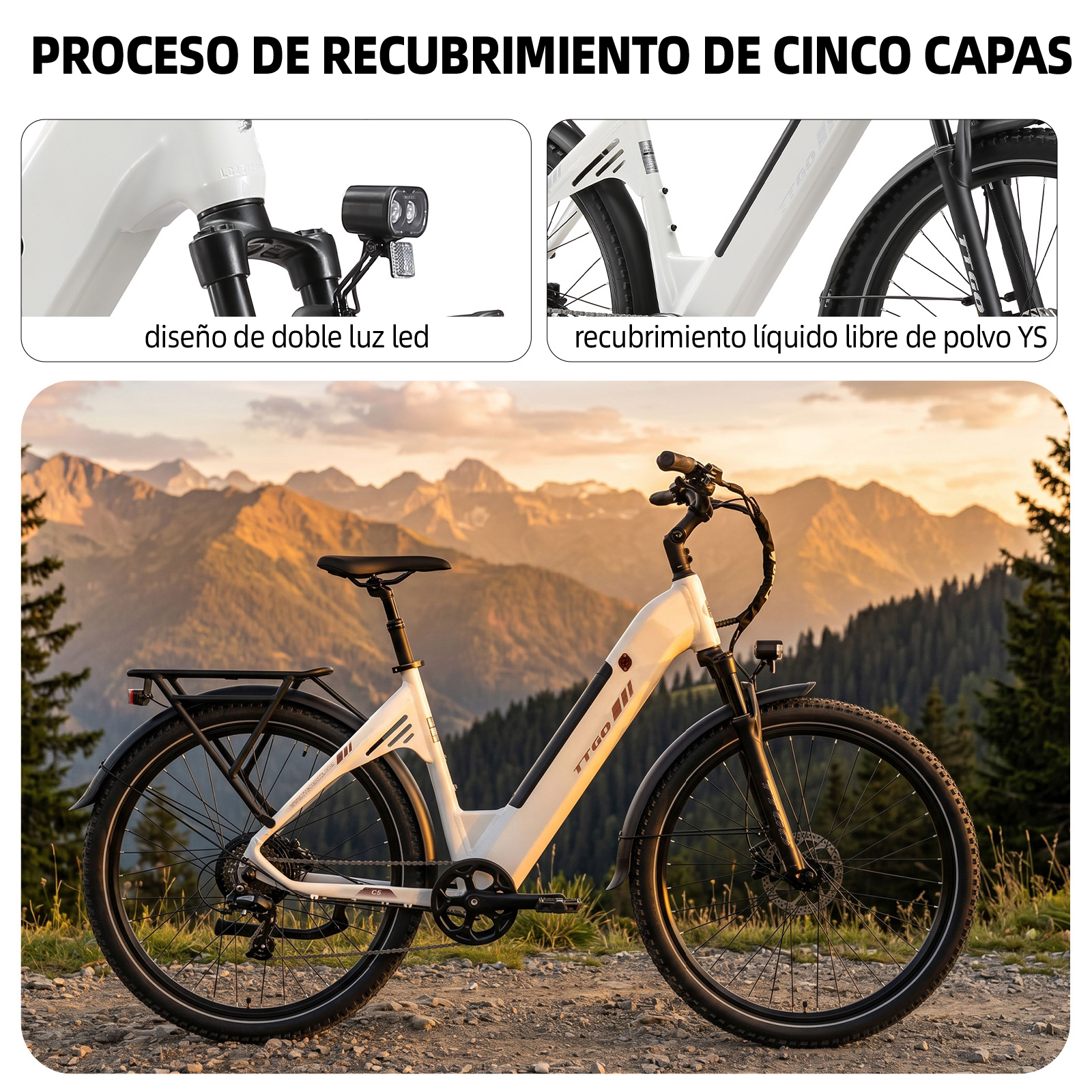 Una bicicleta eléctrica blanca en un paisaje montañoso al atardecer. Tiene puerto de carga.