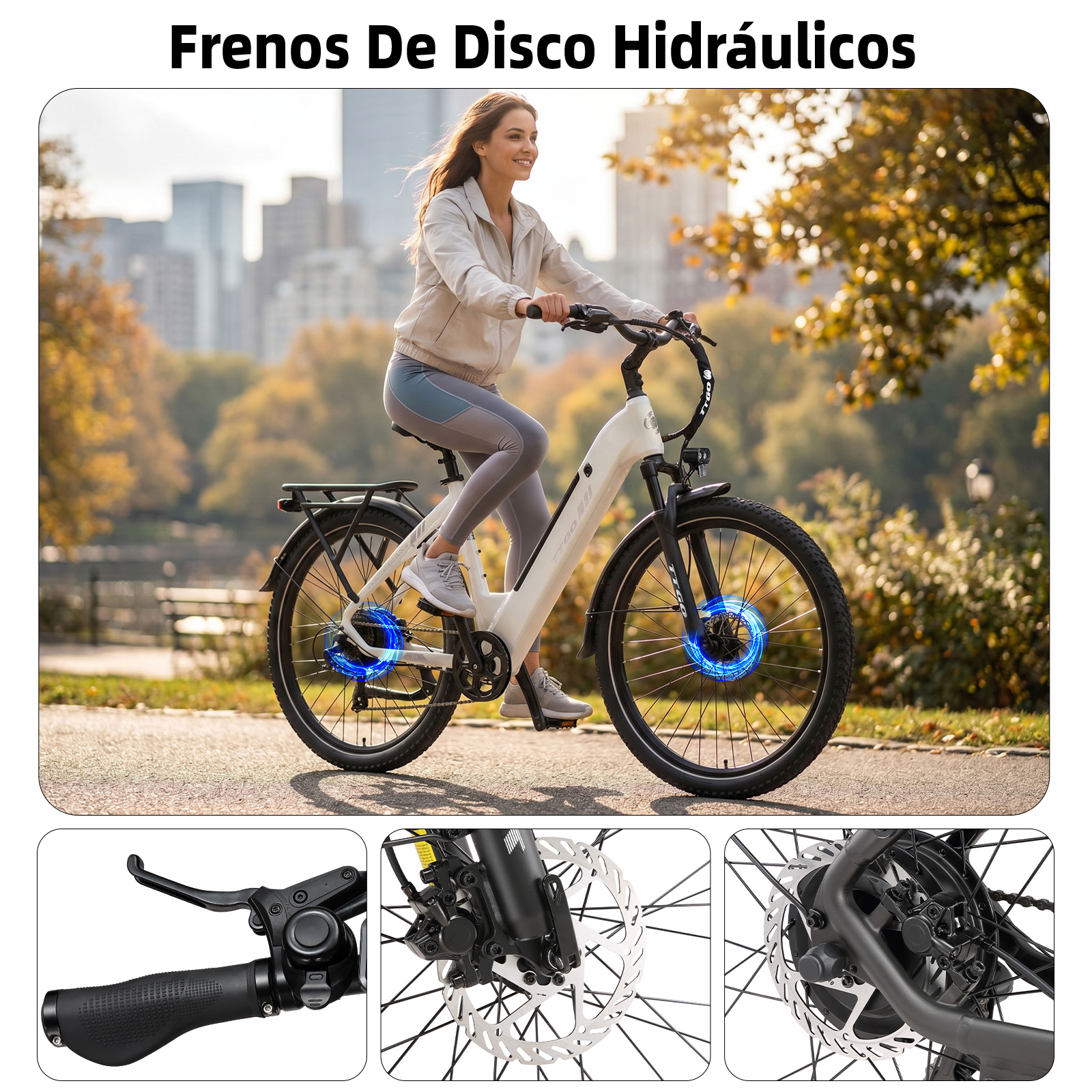 Mujer montando e-bike en parque, mostrando frenos de disco hidráulicos con luz azul.