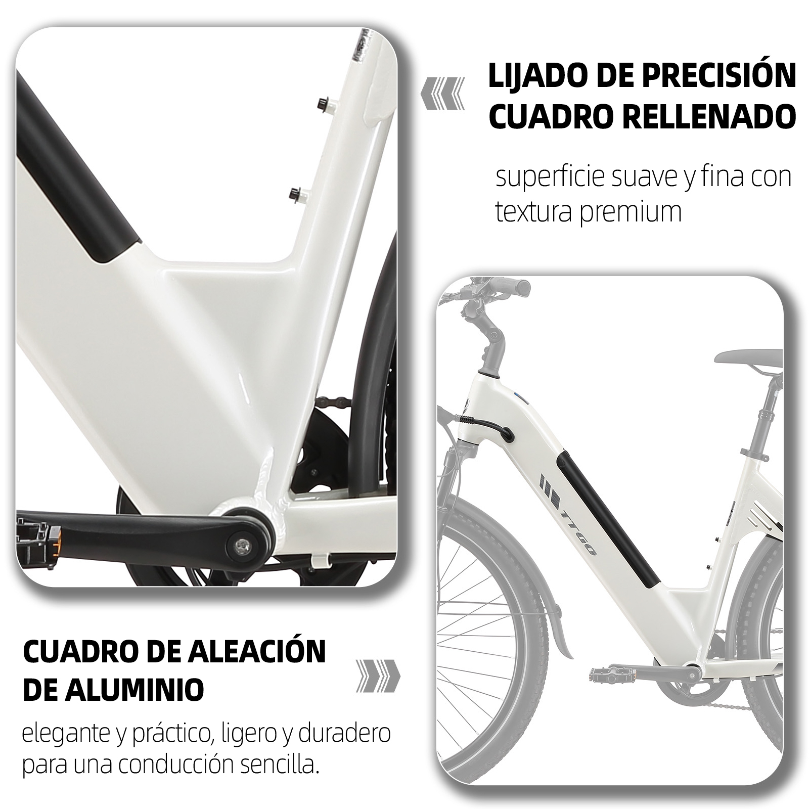 Primer plano de un cuadro de bicicleta de aluminio blanco con detalles negros.