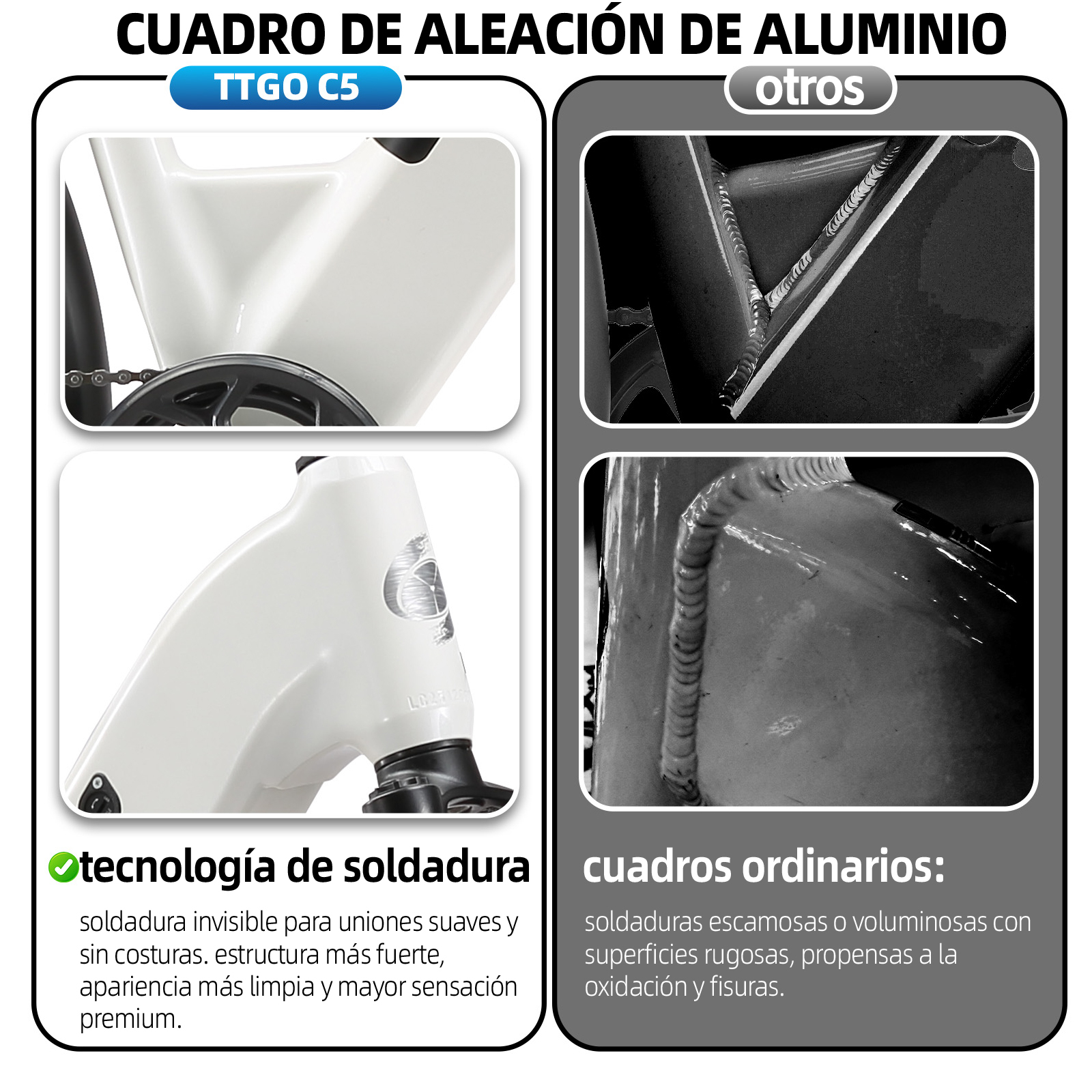 Comparación de cuadros de aluminio: soldaduras lisas vs. soldaduras rugosas.
