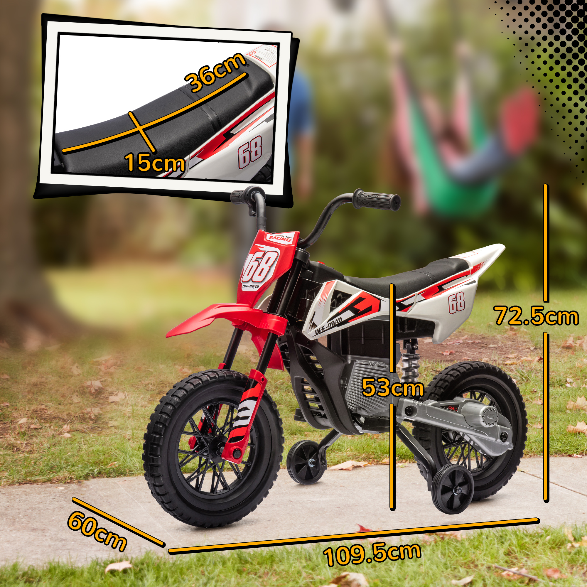 Una dirt bike rossa e bianca con ruote di addestramento e misure.
