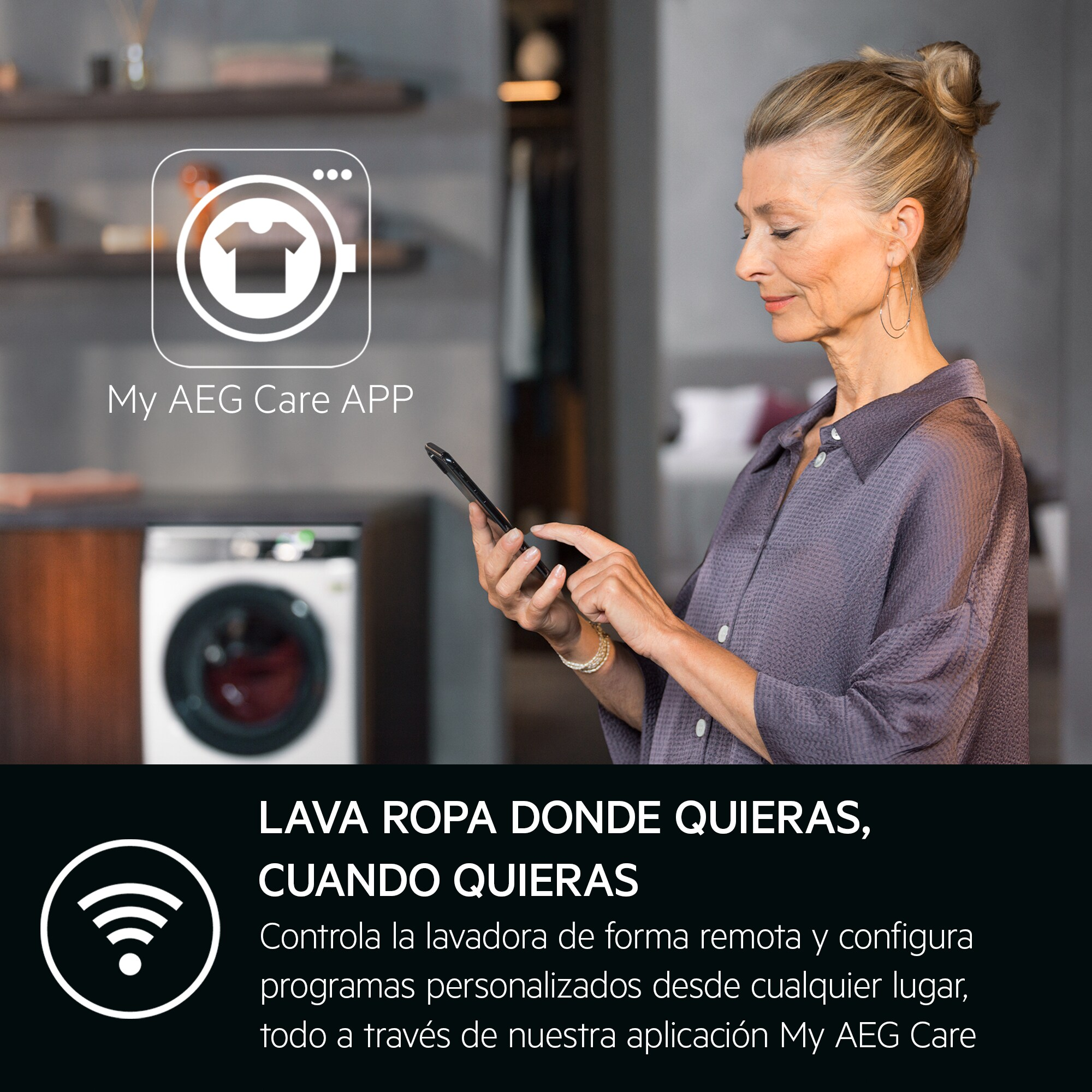 Mujer usa teléfono cerca de lavadora. App Mi AEG Care. Icono Wifi.