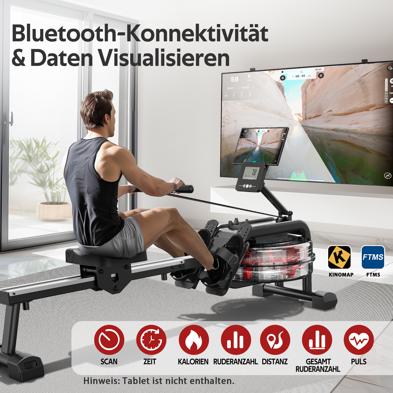 Mann rudert auf Ergometer vor großem Bildschirm mit virtueller Landschaft.