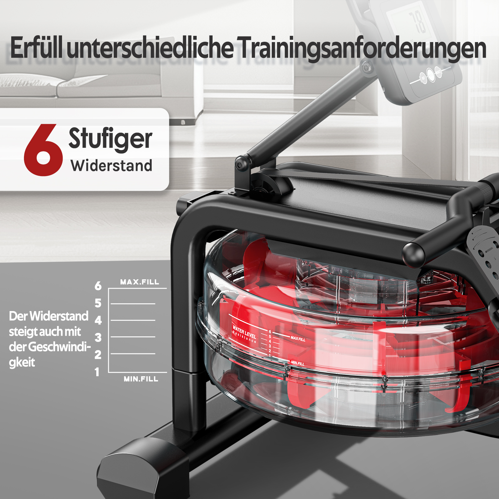 Rudergerät mit 6 Stufen Widerstand und Wasserfüllstandsanzeige.