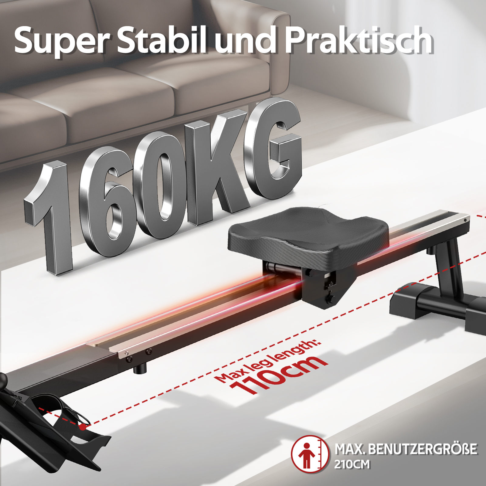 Rudergerät mit 160KG Kapazität, max. Beinlänge 110cm, max. Nutzergröße 210cm.