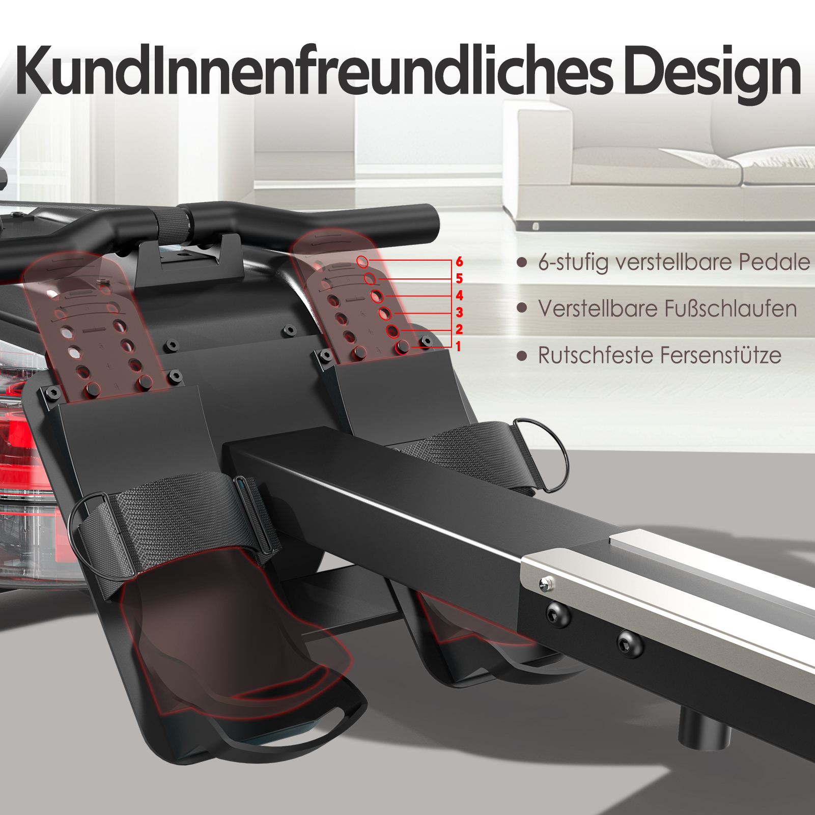 Rudergerät mit verstellbaren Pedalen, Fußschlaufen und Fersenstützen.