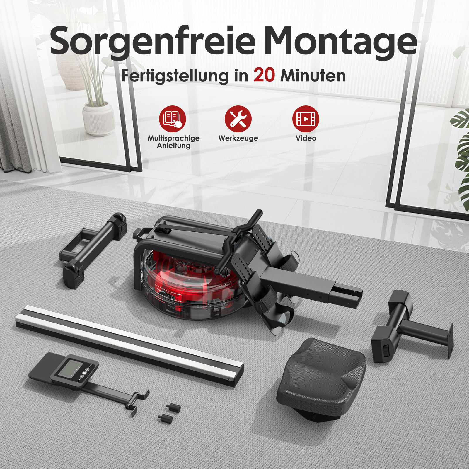 Rudergerät-Teile auf einem grauen Teppich, Montageanleitung im Hintergrund.