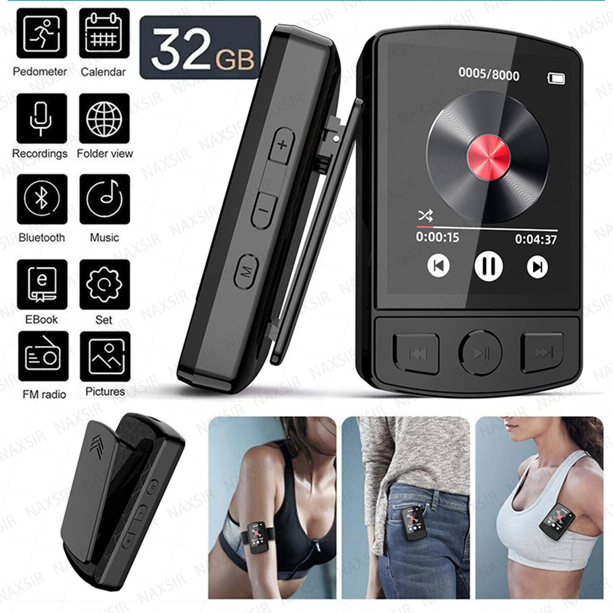 Ein schwarzer MP3-Player mit Clip, Anzeige von Funktionen und Anwendungsszenarien.