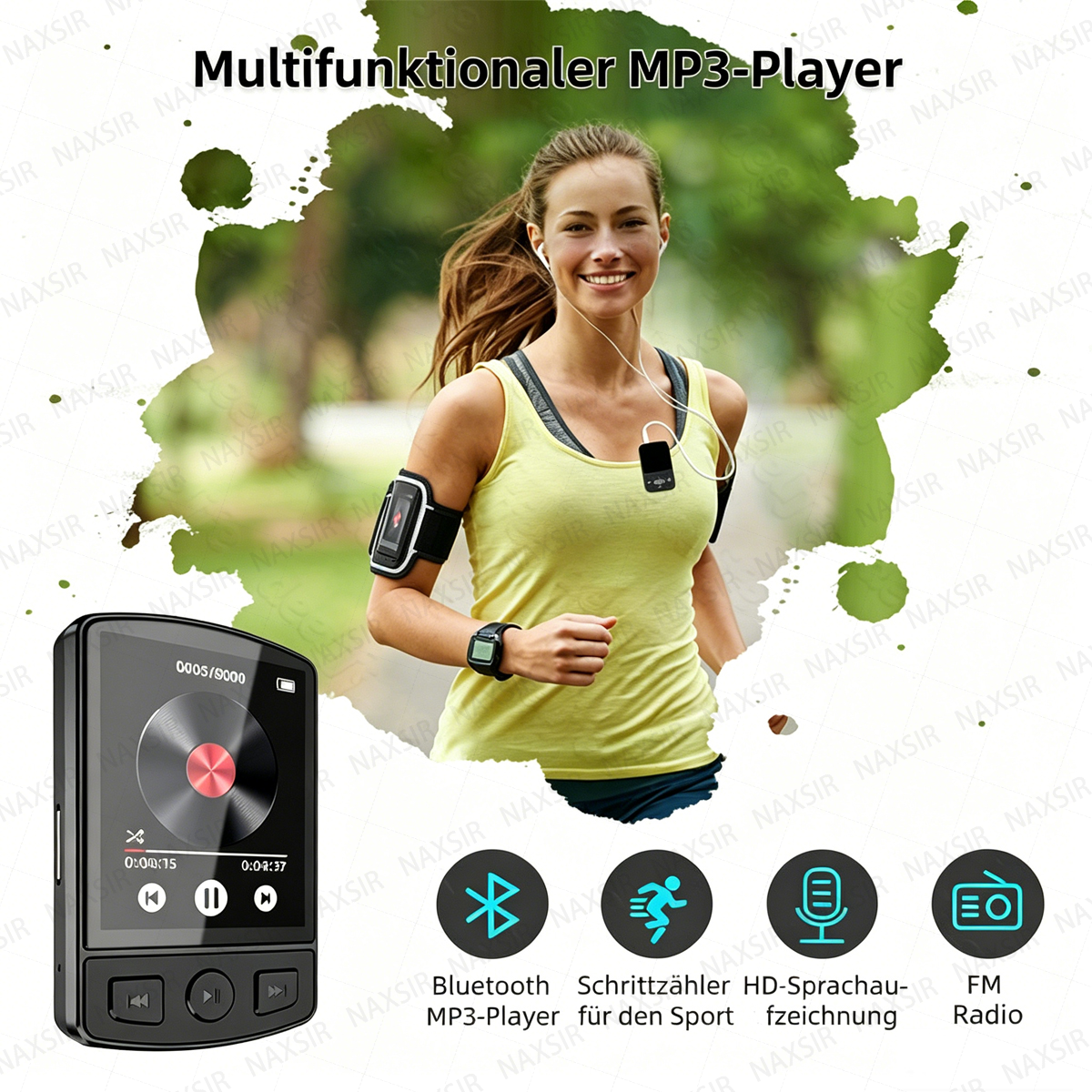 Sportlerin mit MP3-Player am Arm, der ein Multifunktionsgerät zeigt.