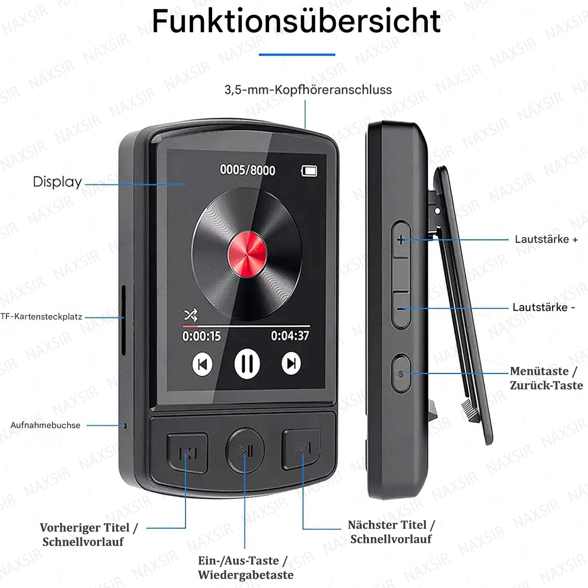 Ein tragbarer Musikplayer mit Display, Tasten und Clip. Zeigt Songtitel und Zeit.