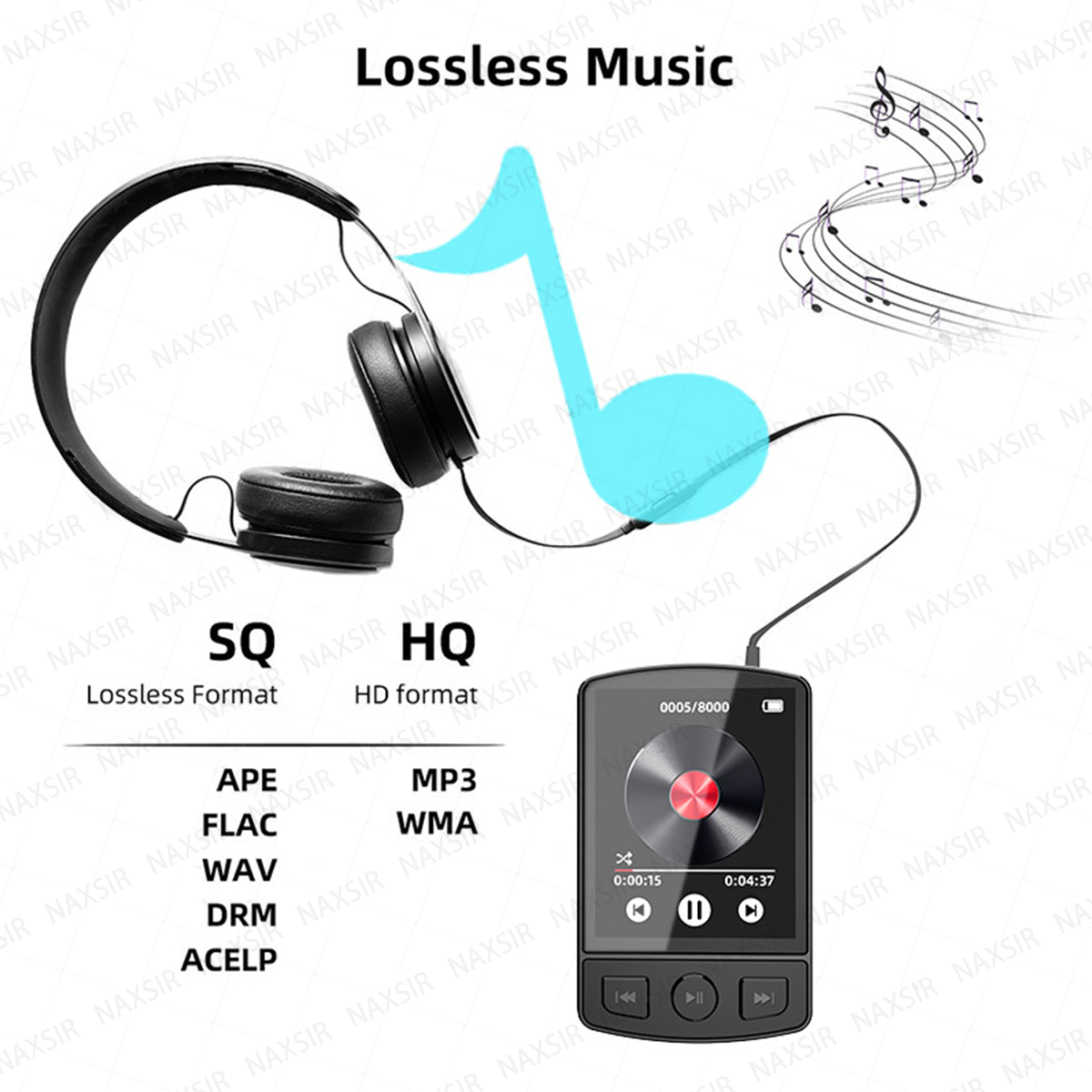 Kopfhörer verbunden mit einem MP3-Player, der verlustfreie Musik abspielt.