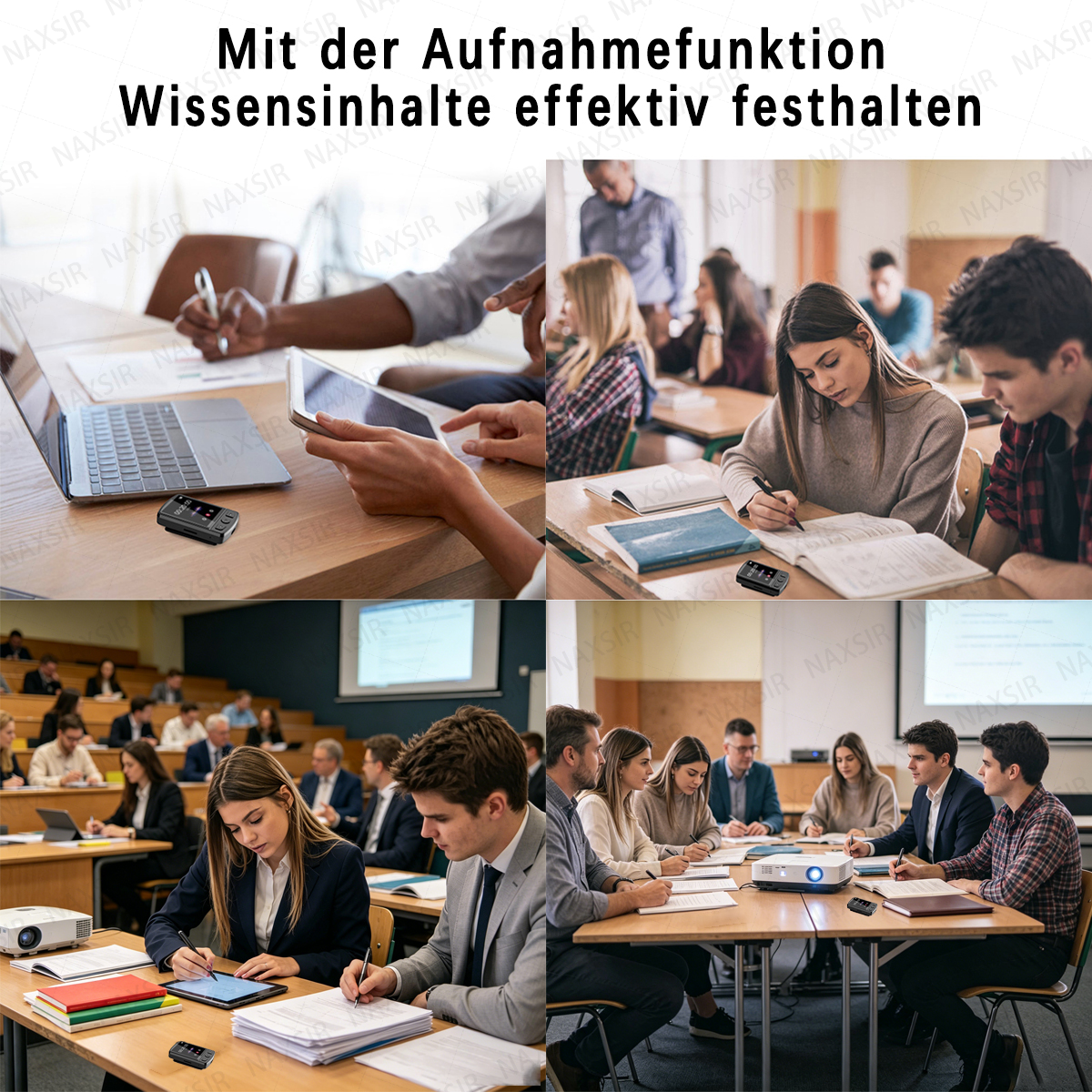 Collage: Studenten lernen in Hörsälen, nutzen Laptops und Tablets.