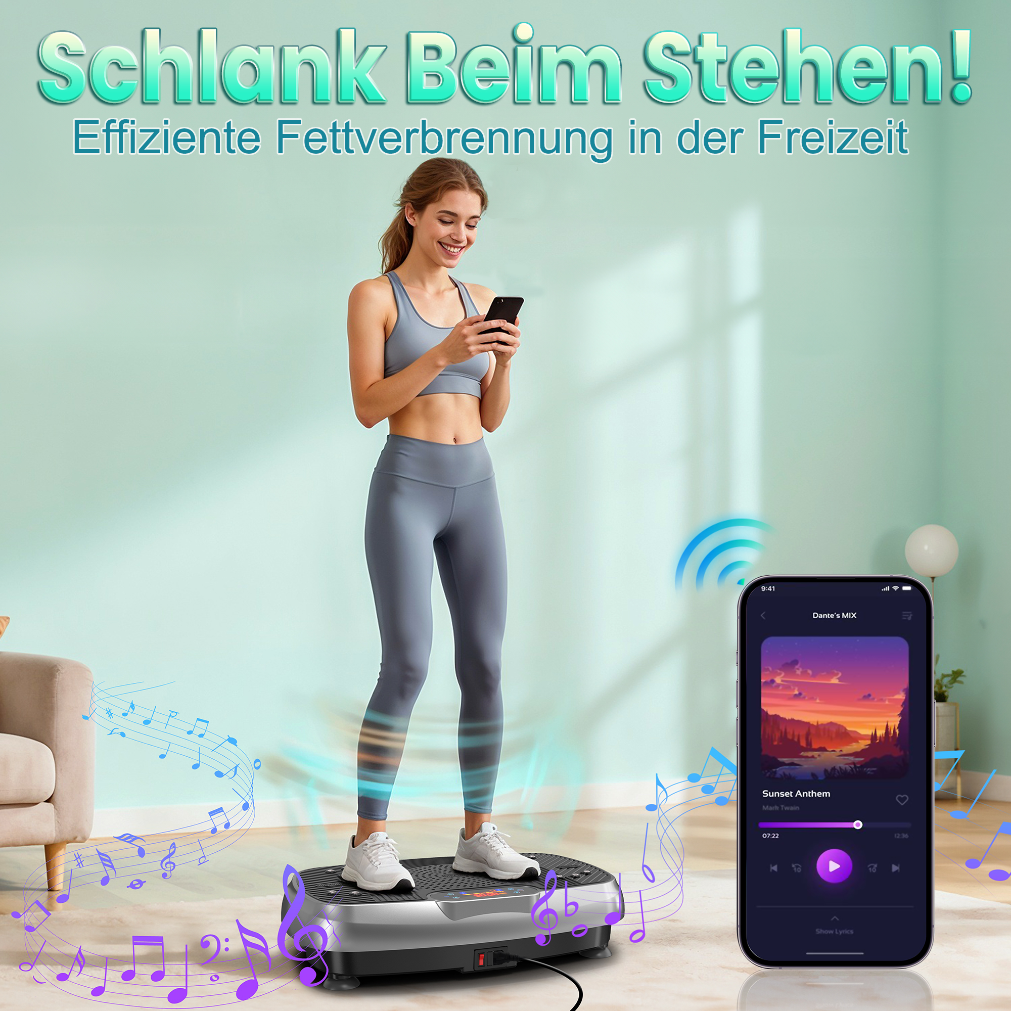 Frau auf Vibrationsplatte mit Handy, Musik und Text.
